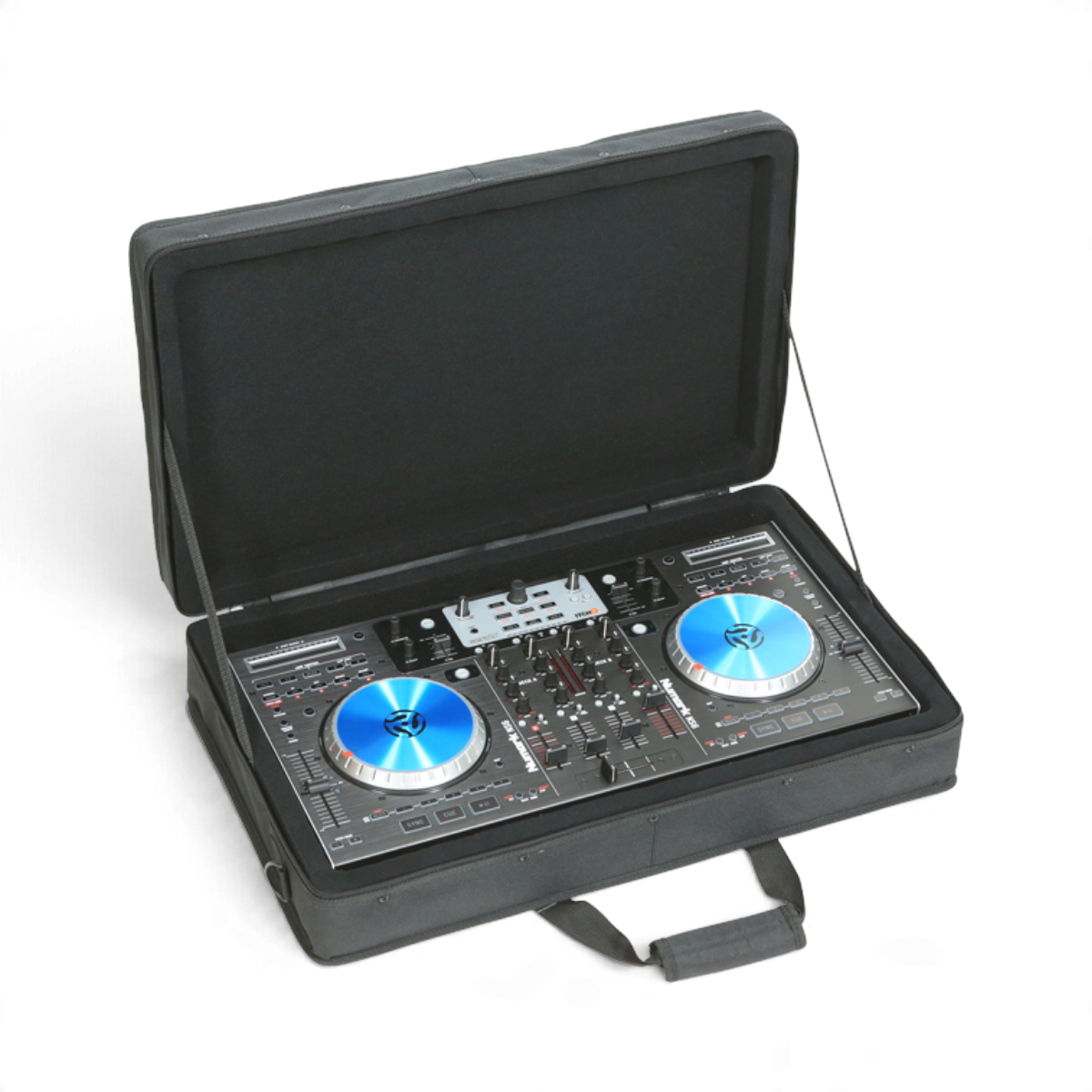 SKB Cases soft DJ controller bag with foam interior holding a Numark NS6 performance controller
