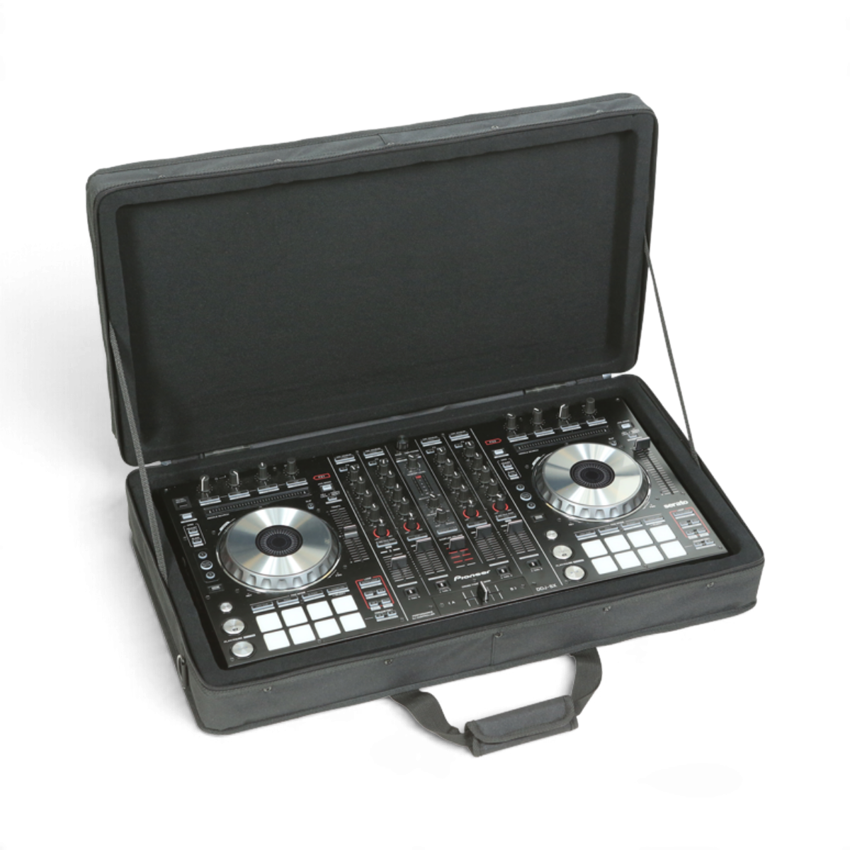 SKB Cases soft controller bag containing a black Pioneer DJ performance controller with foam padding interior