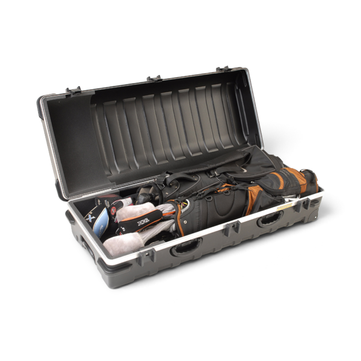 SKB Cases double ATA golf travel case in black, molded from durable polyethylene with golf clubs packed inside.