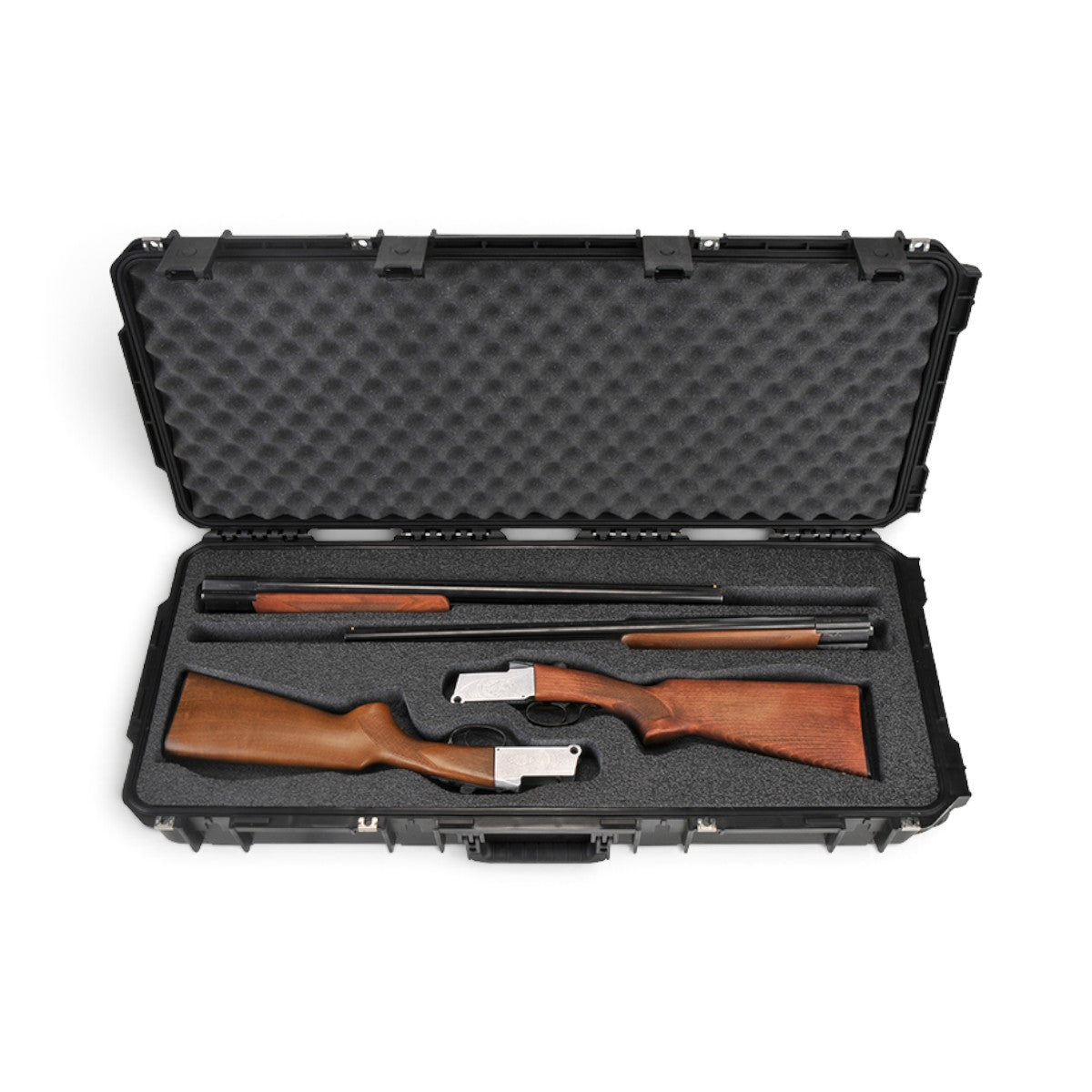SKB Cases iSeries double breakdown shotgun case with custom foam interior holding two barrels and two receivers.