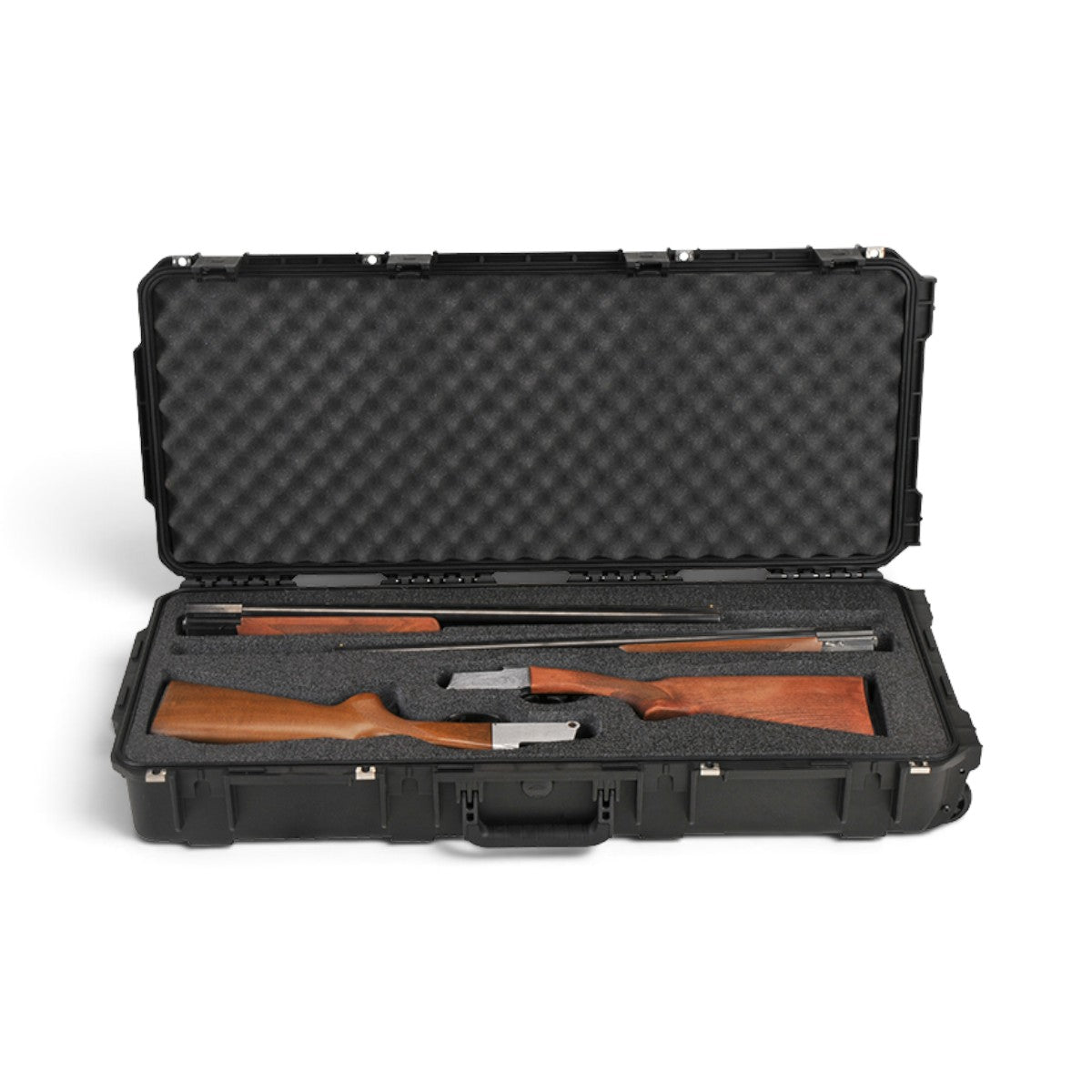 SKB Cases iSeries double breakdown shotgun case with custom foam interior holding two barrels and two wood stocks.