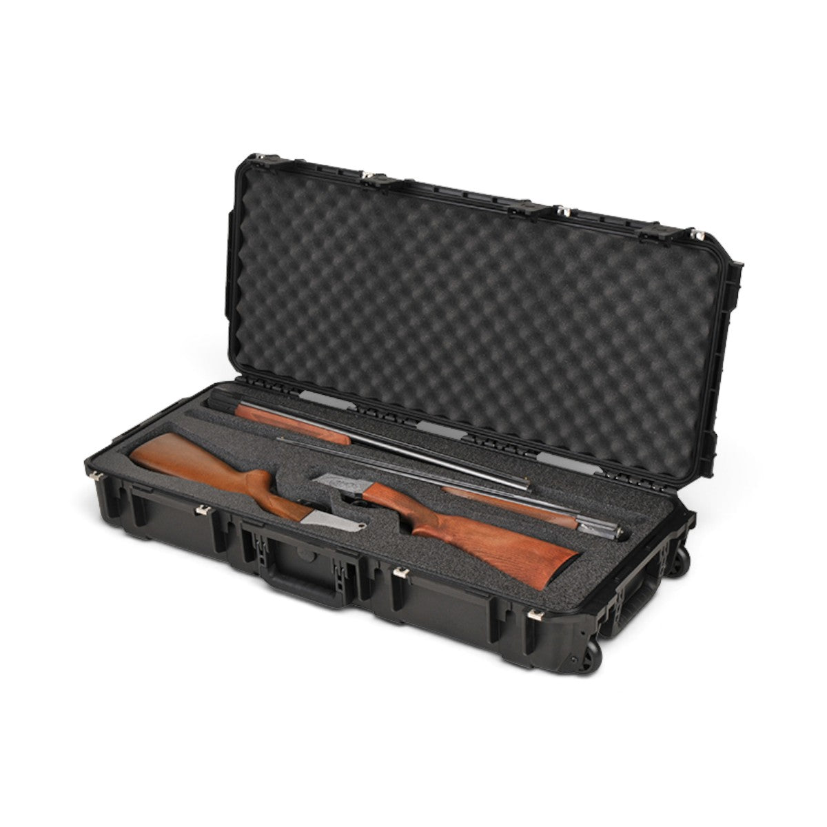 SKB Cases iSeries 3614-6 double breakdown shotgun case with custom foam interior and two disassembled shotguns.