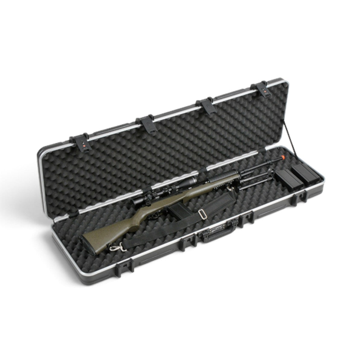 SKB Cases 5013 double rifle case with foam interior holding an olive green rifle against a white background