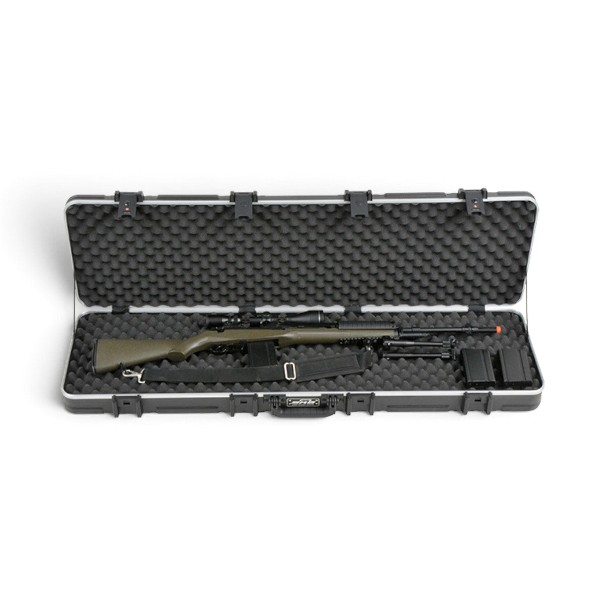 SKB Cases 5013 double rifle case with foam interior, holding a rifle with scope, bipod, and magazines.