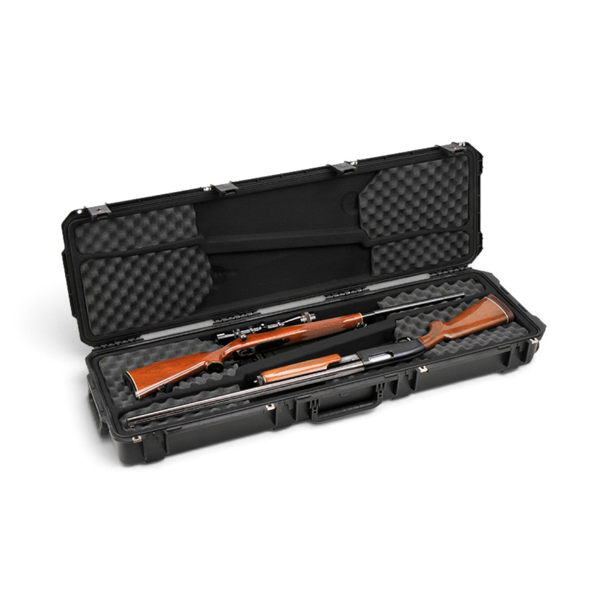 SKB Cases iSeries 5014-6 double rifle case in black, featuring foam-lined interior with two rifles stored inside.