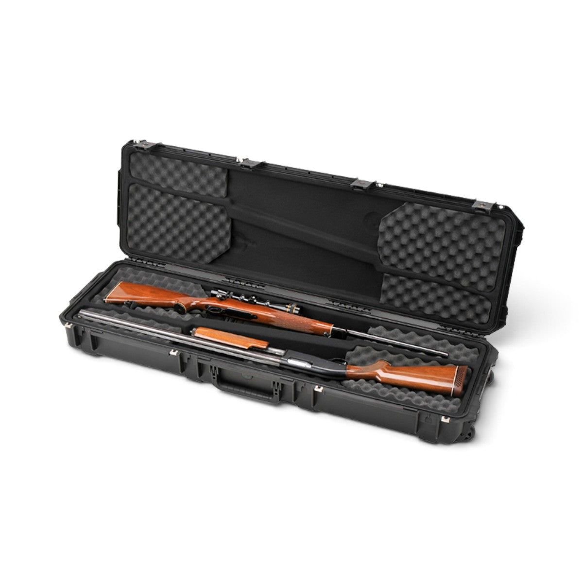 SKB Cases iSeries 5014-6 double rifle case with two wooden rifles secured inside protective foam-lined interior