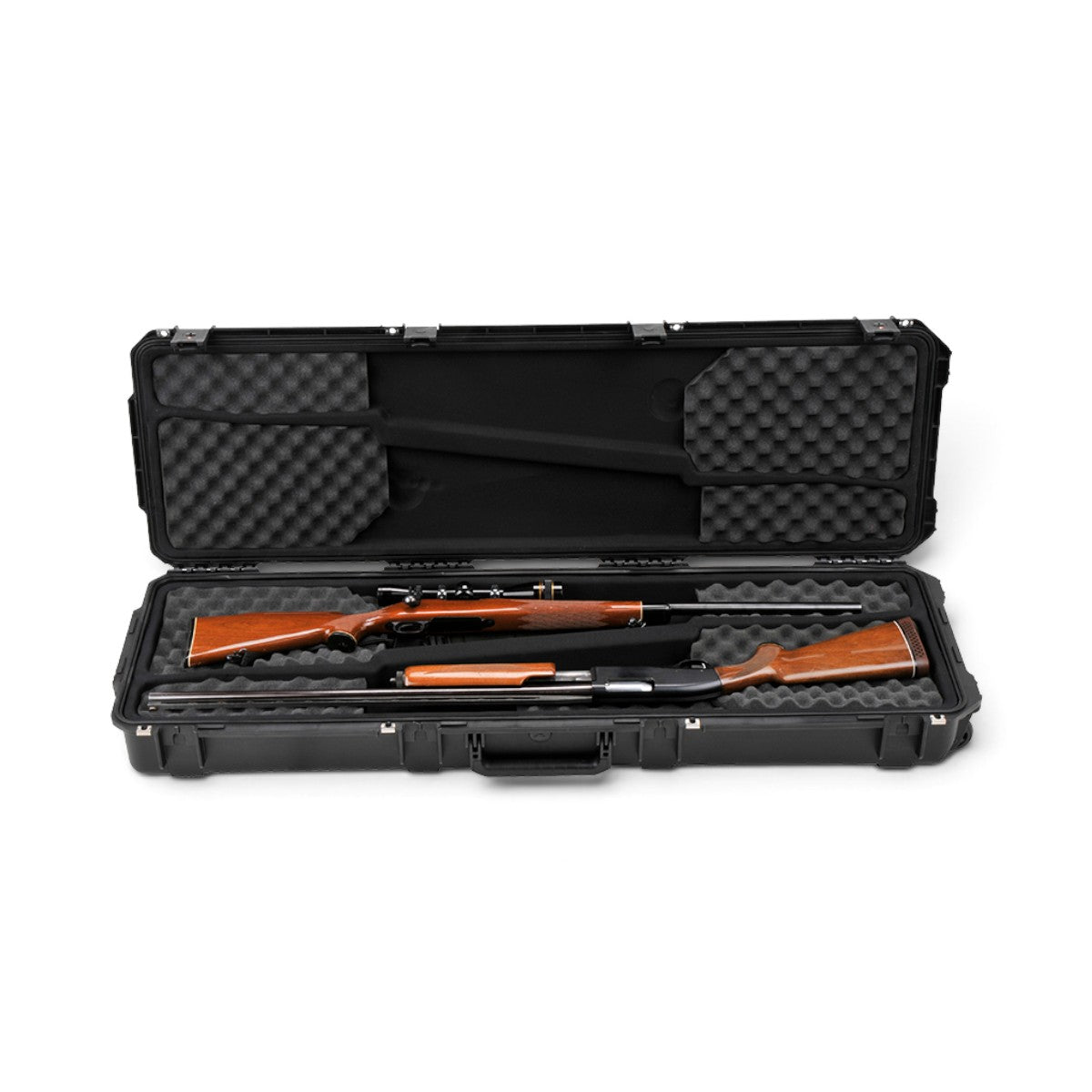 SKB Cases iSeries 5014-6 double rifle case in black with foam-lined interior holding two wooden rifles