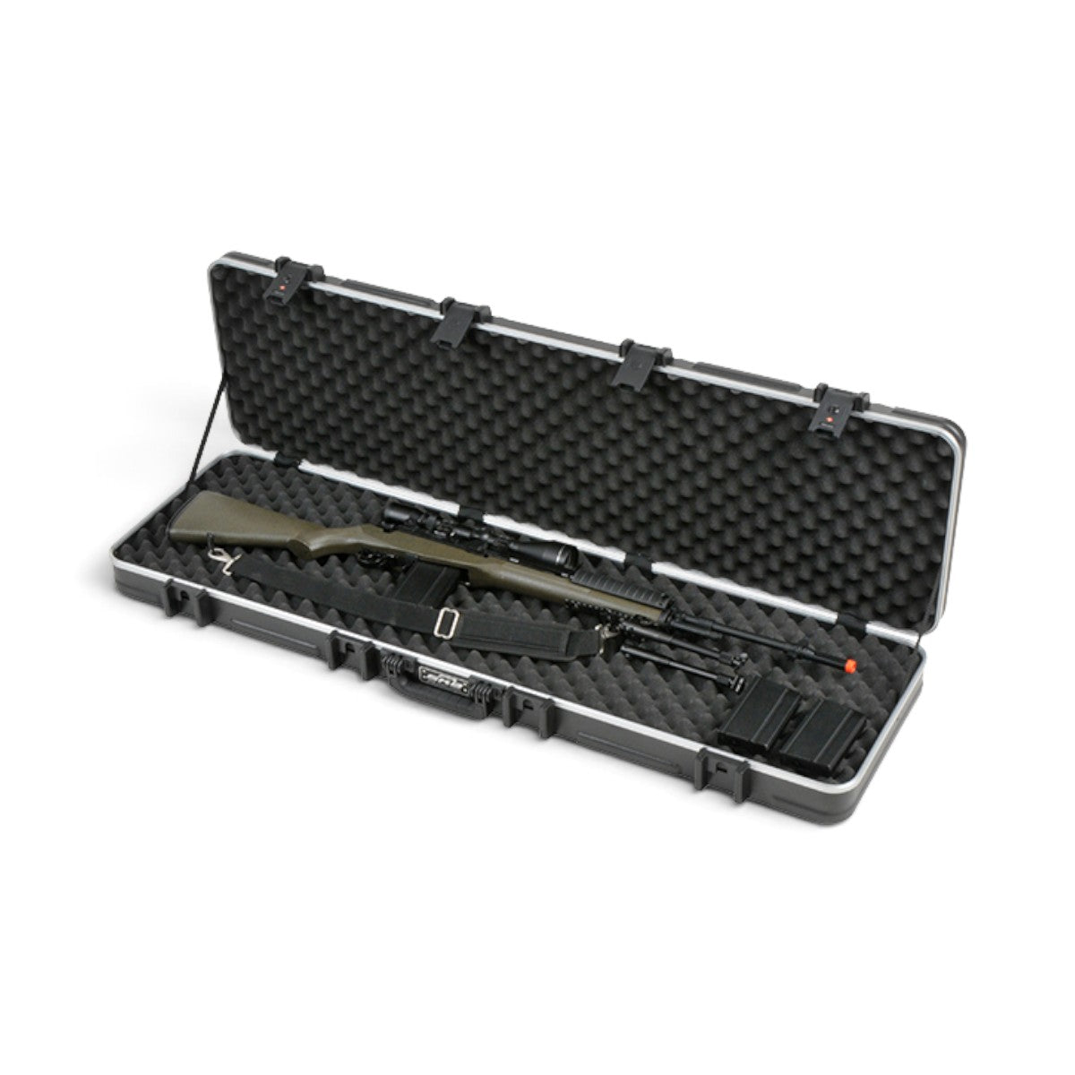 SKB Cases 5013 double rifle case with foam interior, holding a rifle with scope and bipod in a rugged black shell.