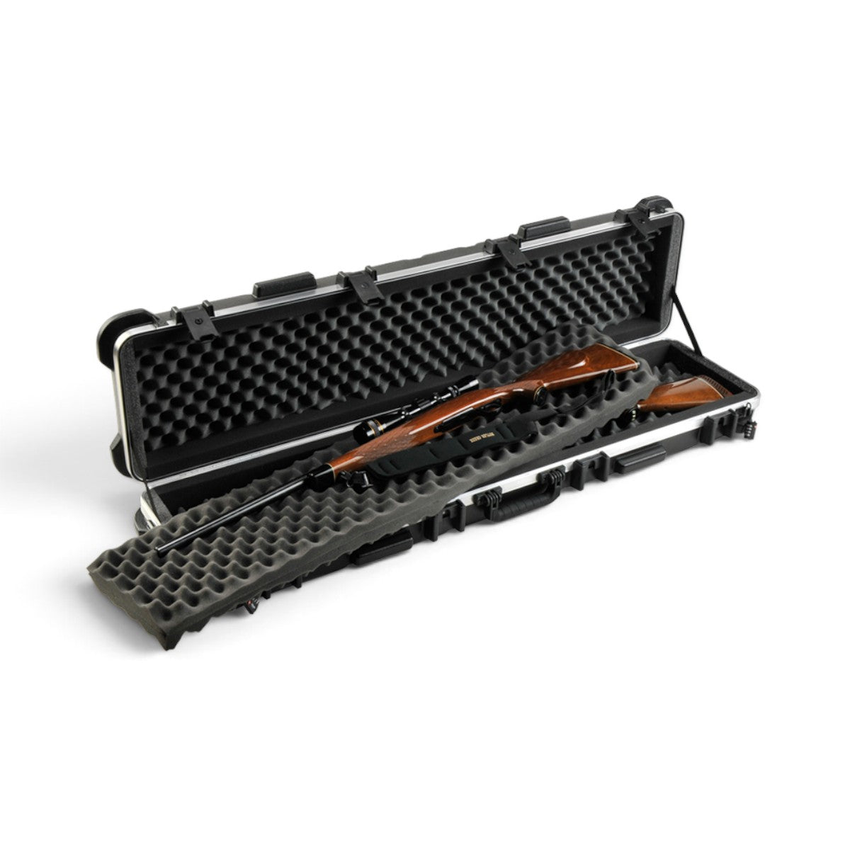 SKB Cases double rifle transport case with weather-resistant HDPE shell and protective bunk bed foam interior.