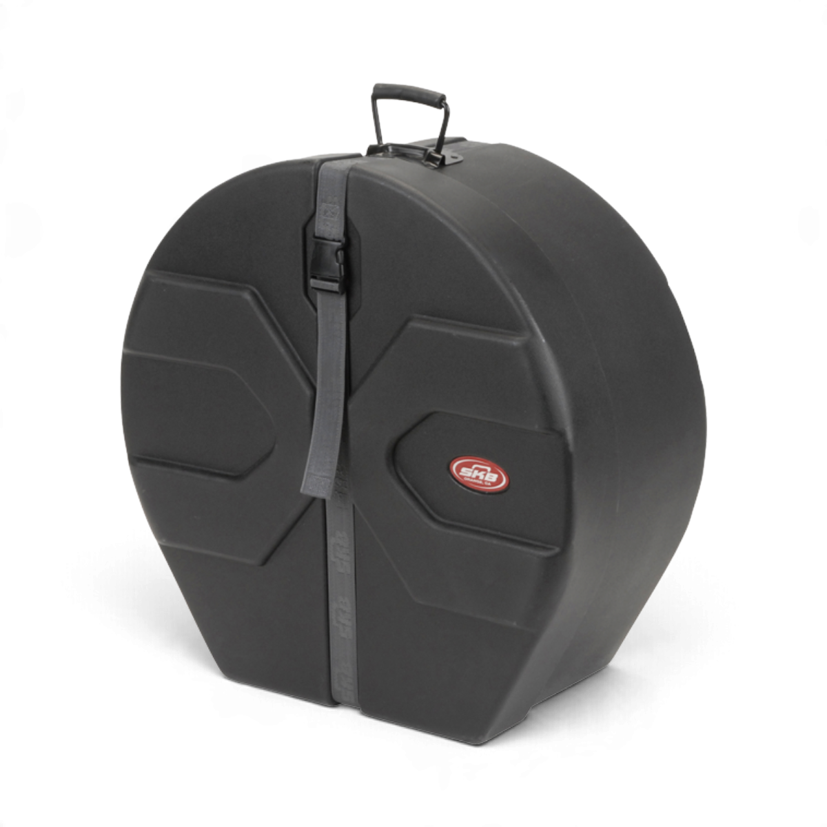 SKB Cases black roto-molded D-shaped steel drum case with Roto-X pattern and secure strap closure