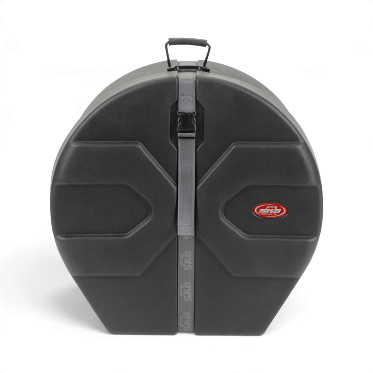 SKB Cases black roto-molded D-shaped steel drum case with Roto-X pattern and secure buckle strap