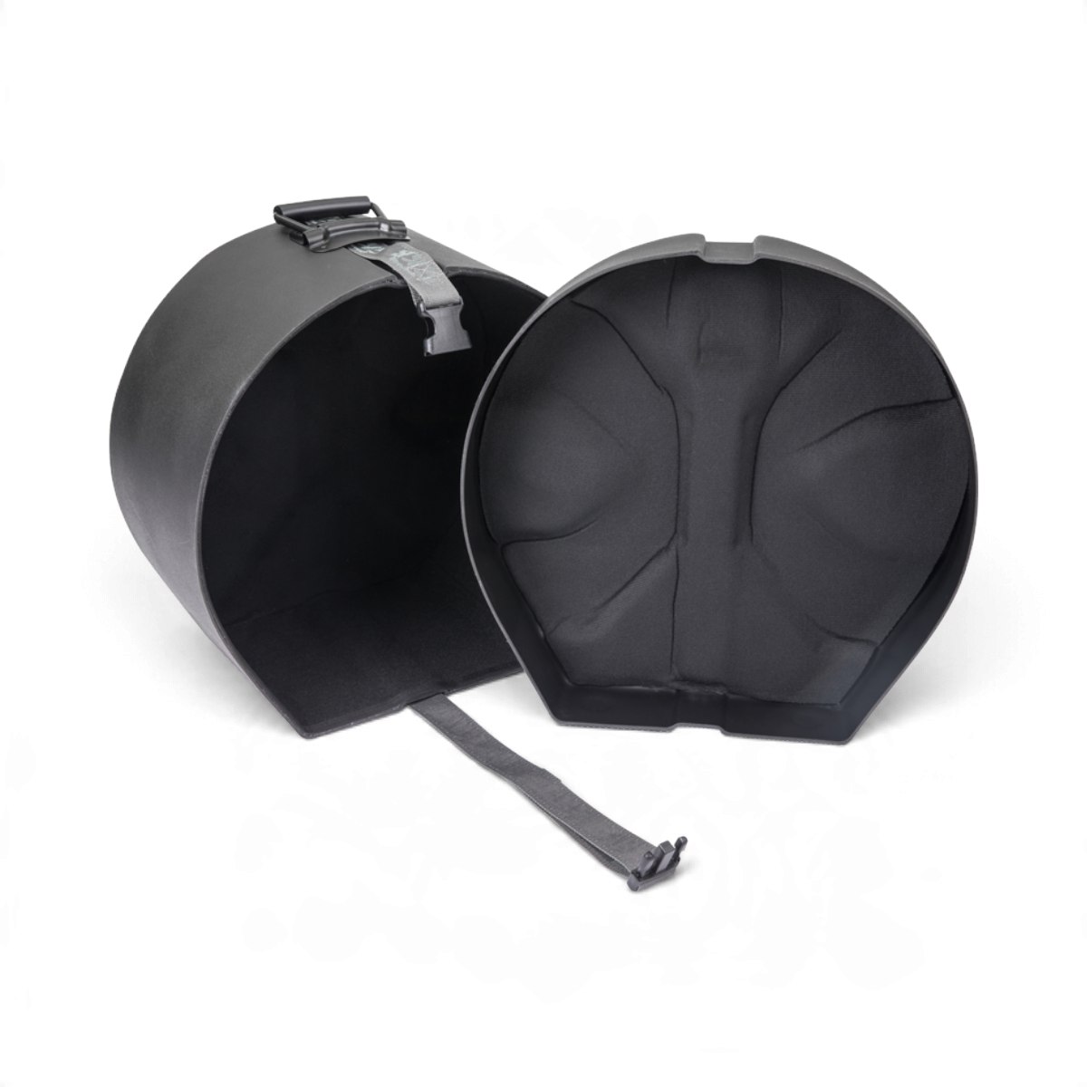 SKB Cases drum case with D-shaped design, black Roto-X rib pattern, and carpet-lined interior for drum protection.
