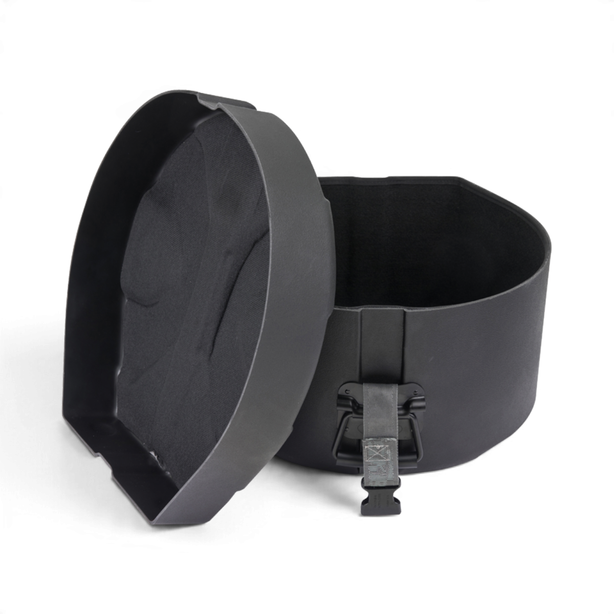 SKB Cases drum case with black Roto-X ribbed exterior, carpet-lined interior, and secure buckle strap closure.