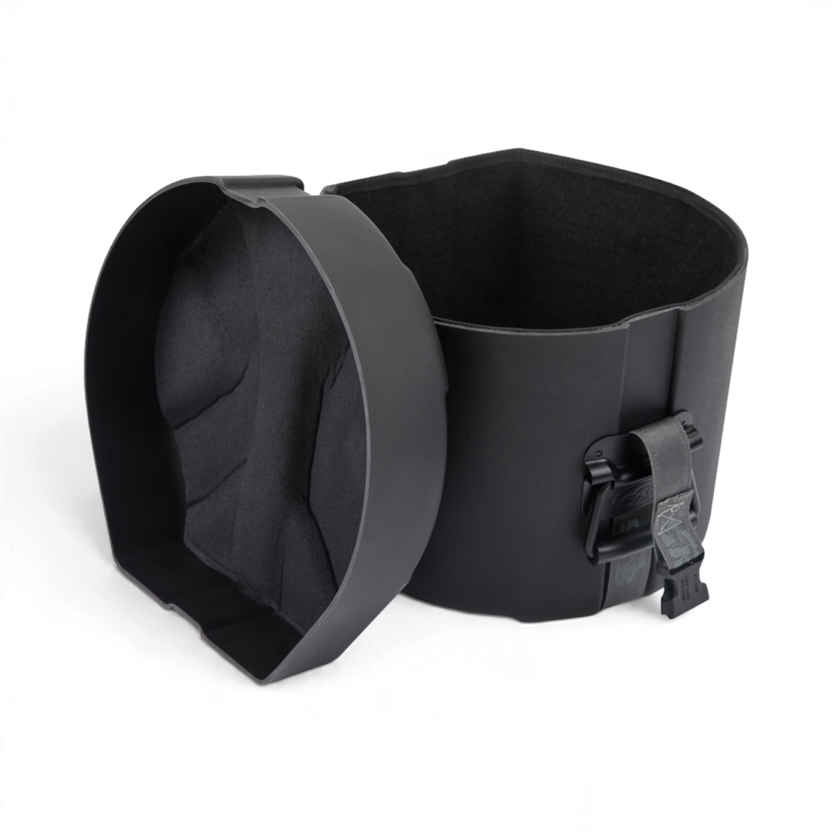 SKB Cases drum case with D-shaped design, Roto-X rib pattern, carpet lining, and secure strap closure