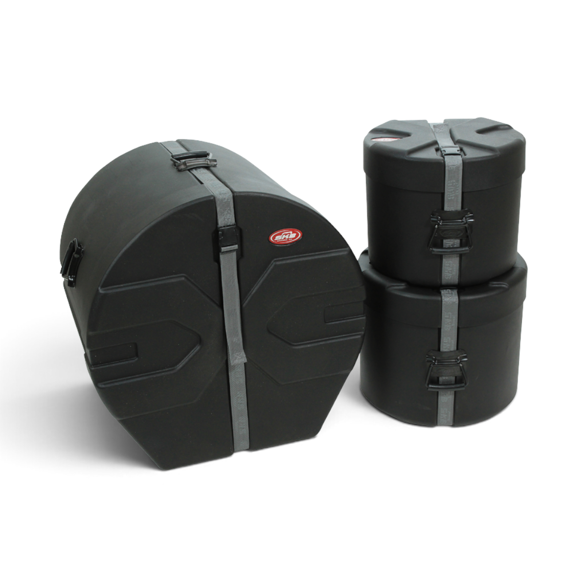 SKB Cases Drum Package 1 featuring three black Roto-X molded drum cases with secure straps and protective foam inserts.