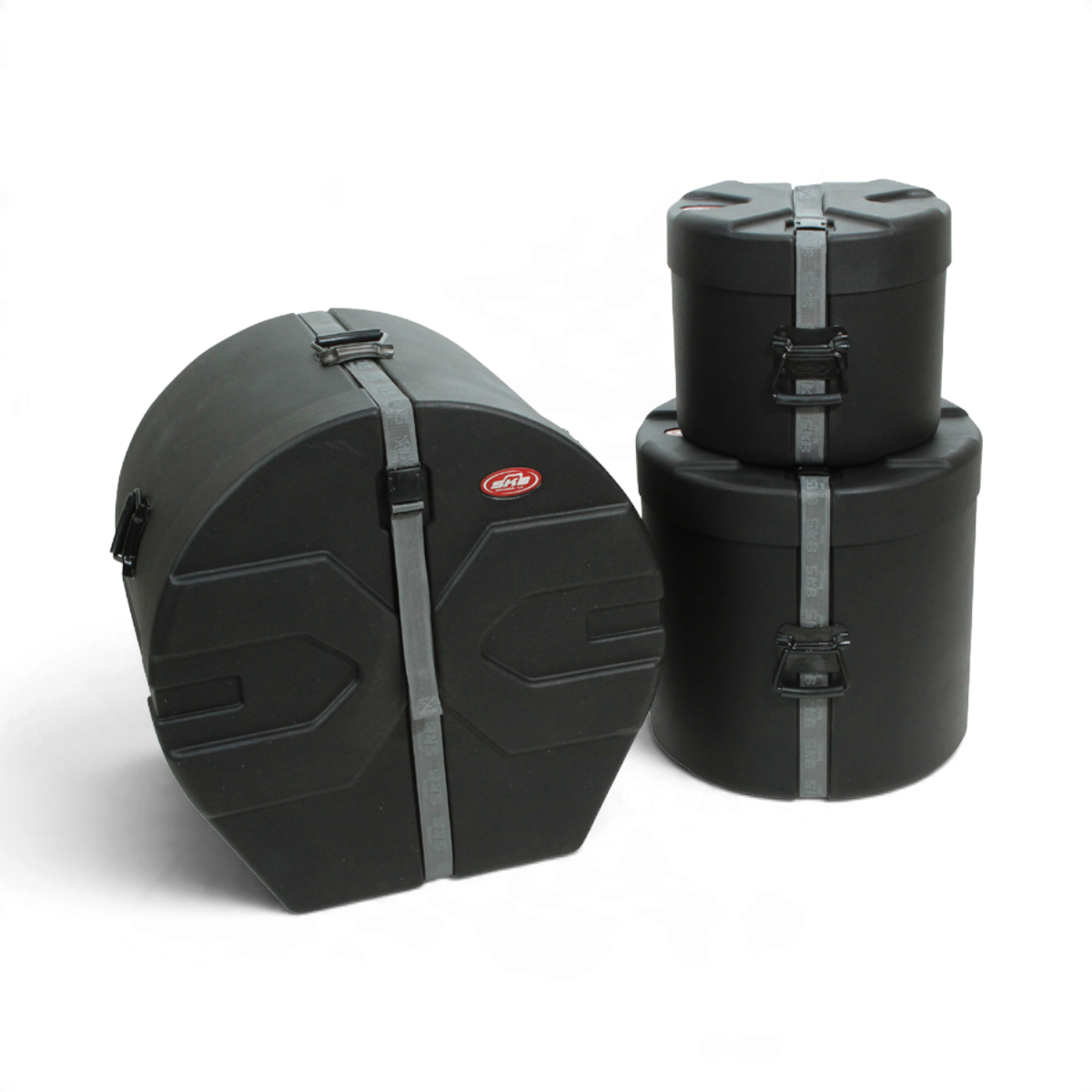 SKB Cases Drum Package 2 featuring three black Roto-X molded drum cases with secure straps and protective foam inserts.