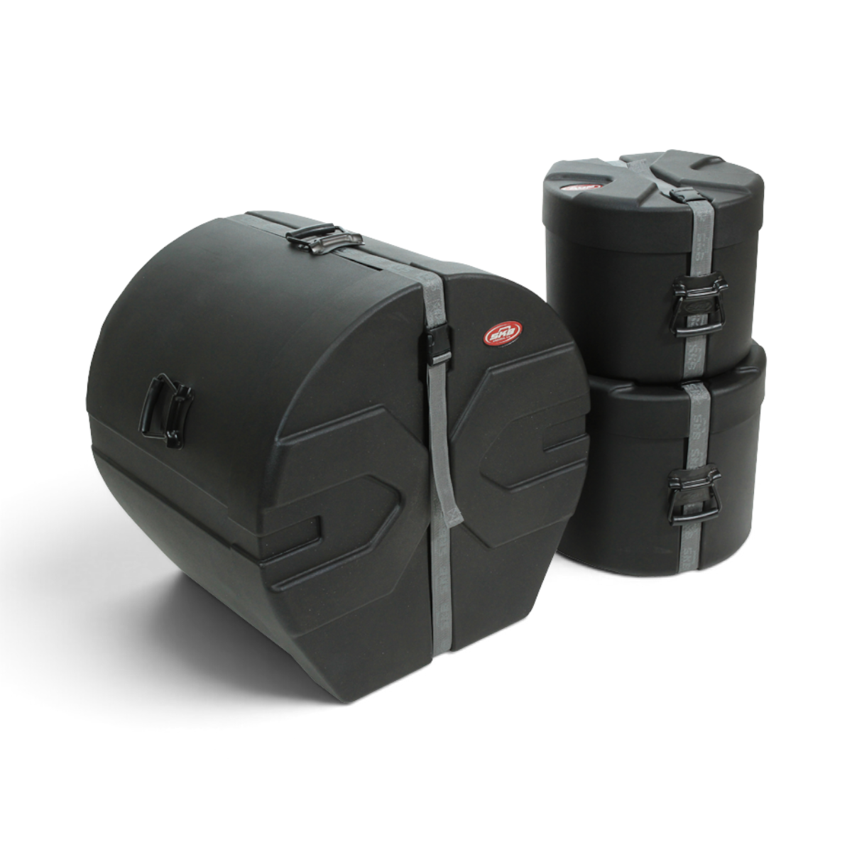 SKB Cases Drum Package 1 featuring black molded hard shell drum cases with Roto-X rib pattern and secure latches.