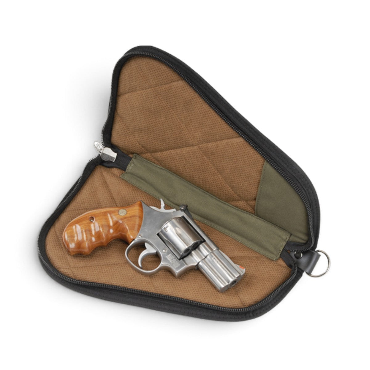 SKB Cases Dry-Tek 9-inch handgun bag in black with tan interior lining holding a silver revolver with wood grip
