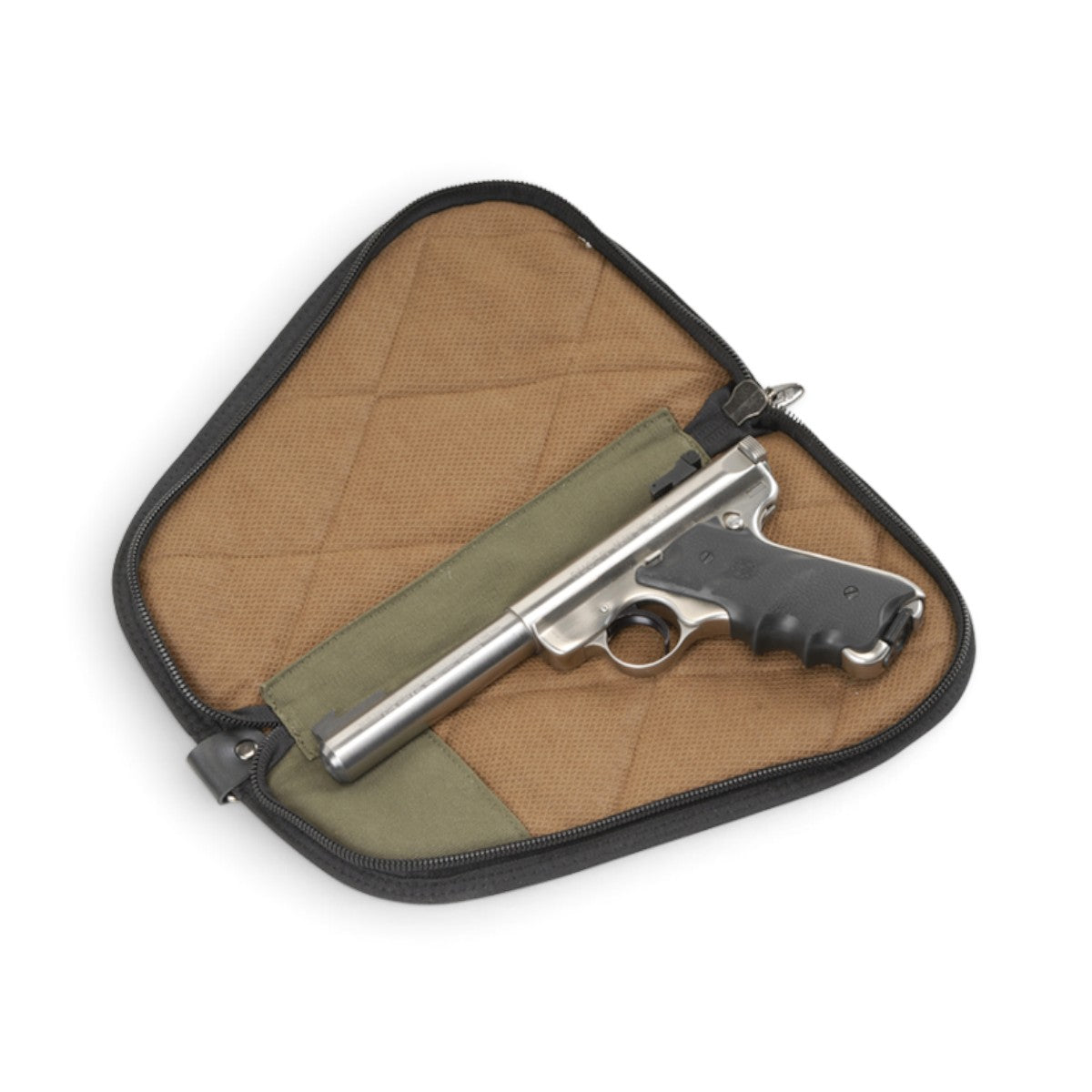 SKB Cases Dry-Tek 12-inch handgun bag in black and tan with a silver pistol stored inside