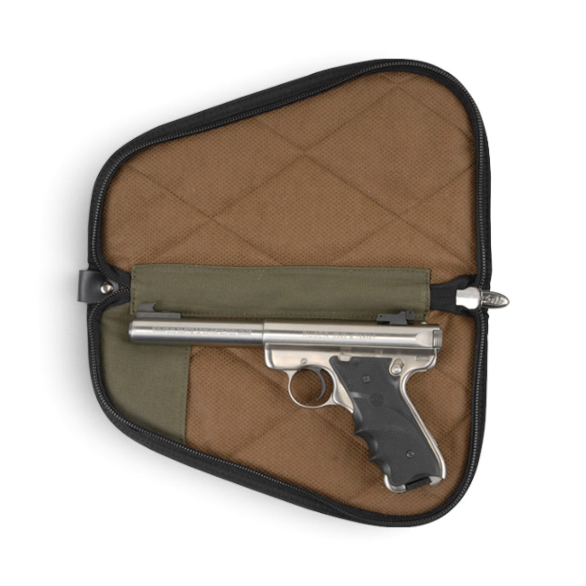 SKB Cases Dry-Tek 12-inch handgun bag in black and brown with a silver pistol stored inside