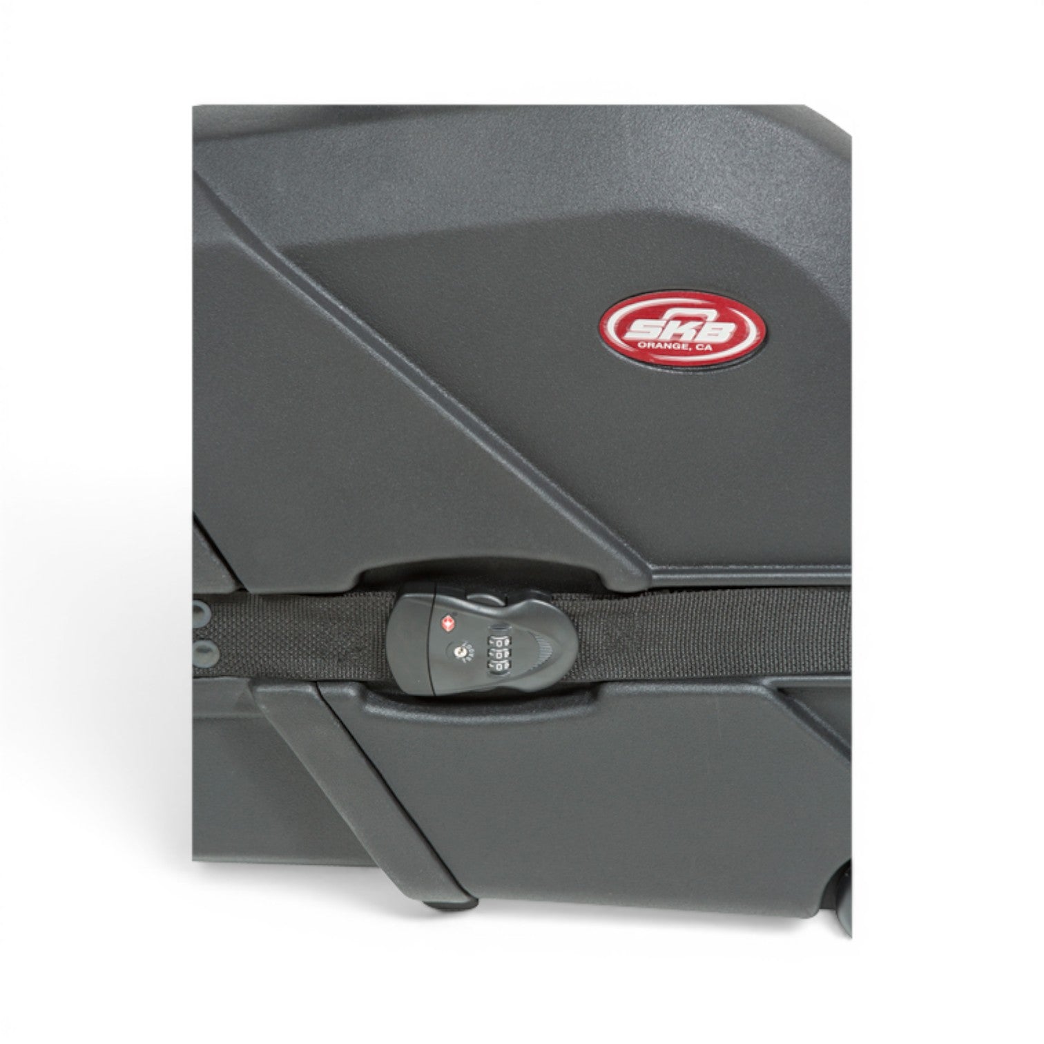SKB Cases ATA electric bass case featuring a black roto-molded shell and a secure TSA-approved locking strap latch.