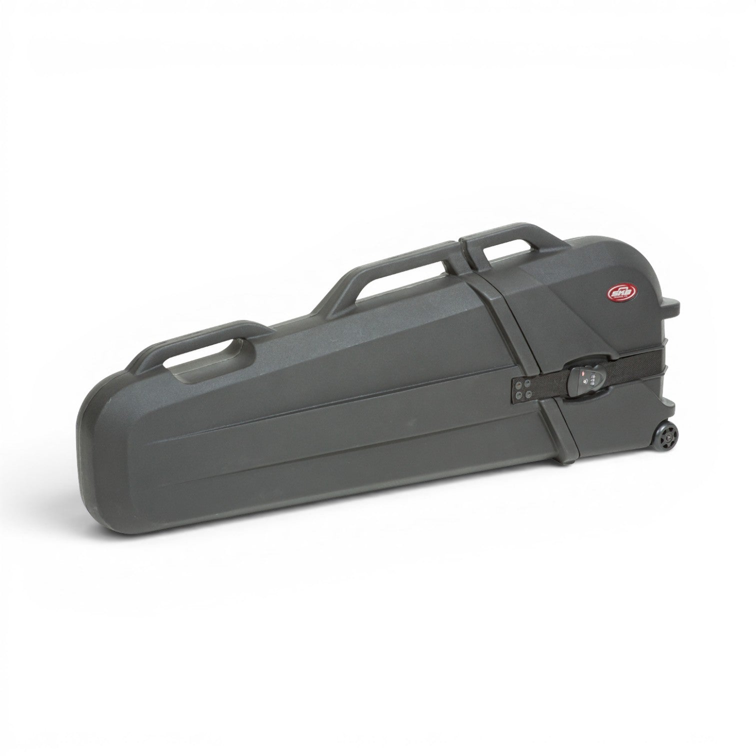 SKB Cases black roto-molded electric bass guitar case with TSA-approved locking strap and integrated wheels.