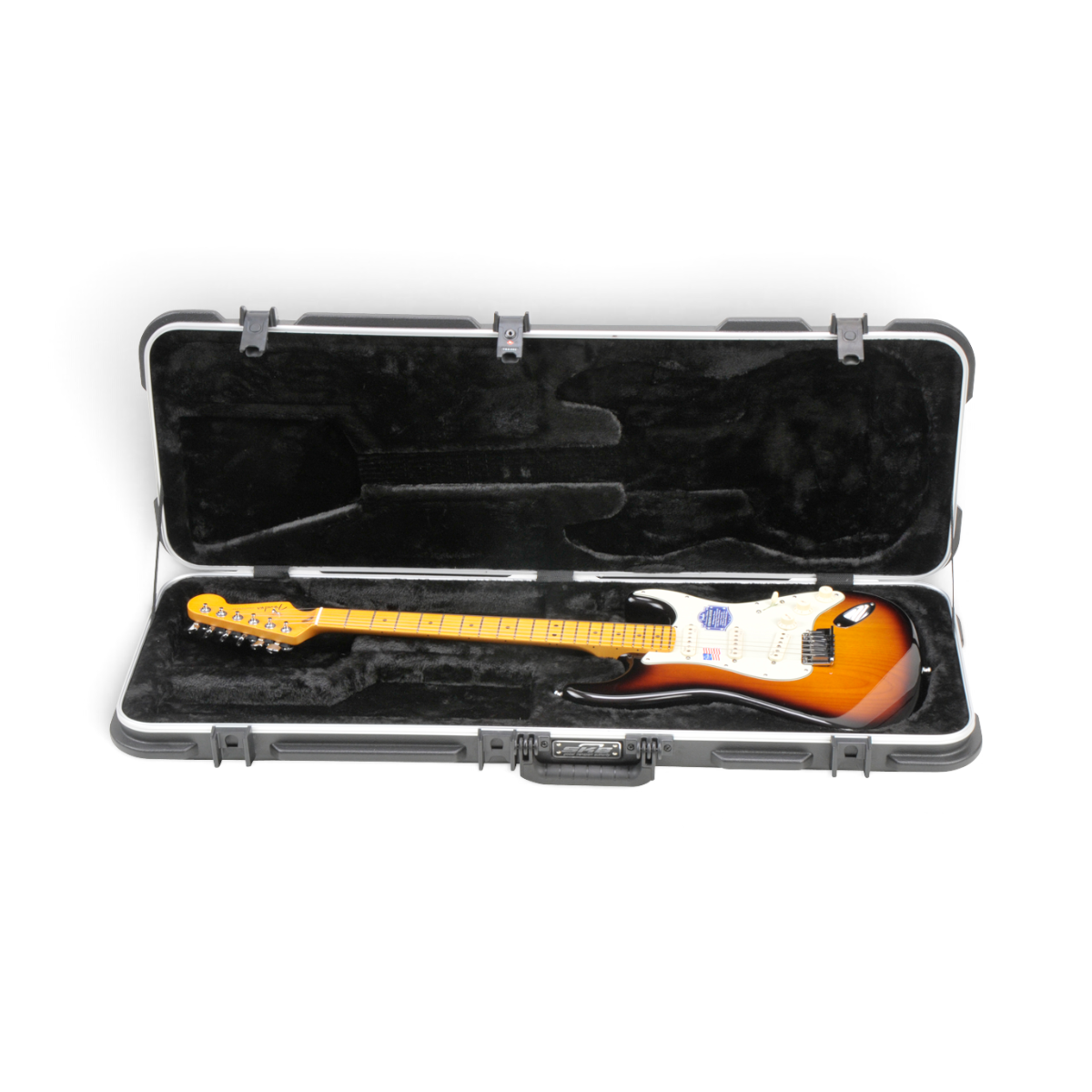 SKB Cases electric guitar rectangular hard case with plush black interior and sunburst Stratocaster style guitar