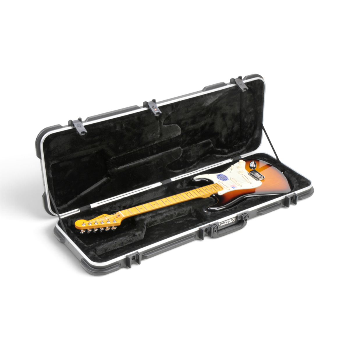 SKB Cases rectangular electric guitar hard case with plush black interior and sunburst Stratocaster style guitar