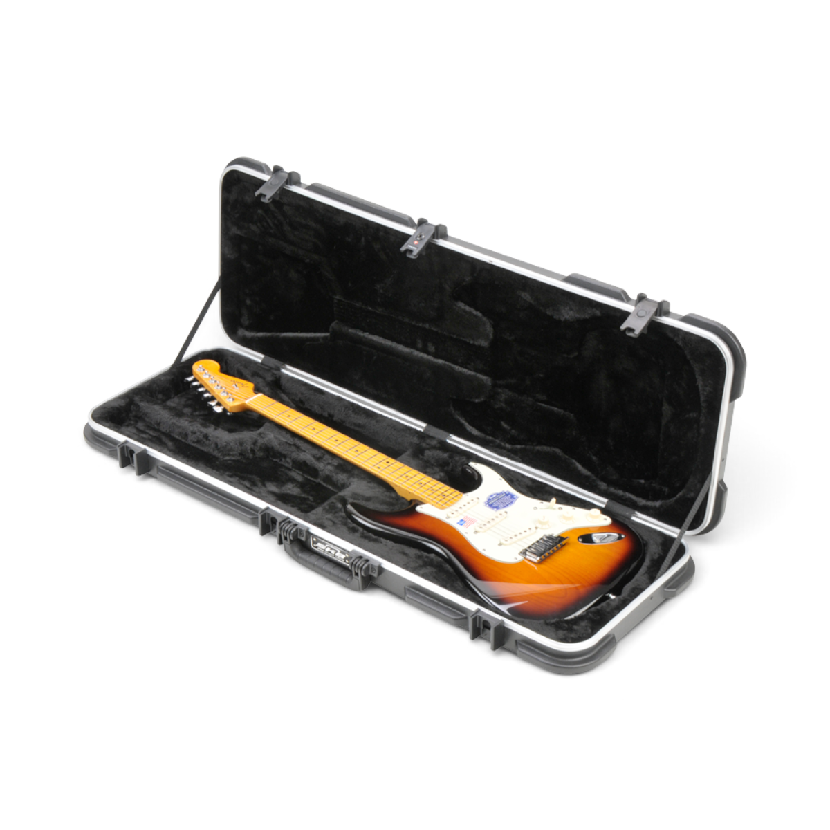 SKB Cases electric guitar rectangular hard case with a sunburst Stratocaster style guitar inside on plush lining