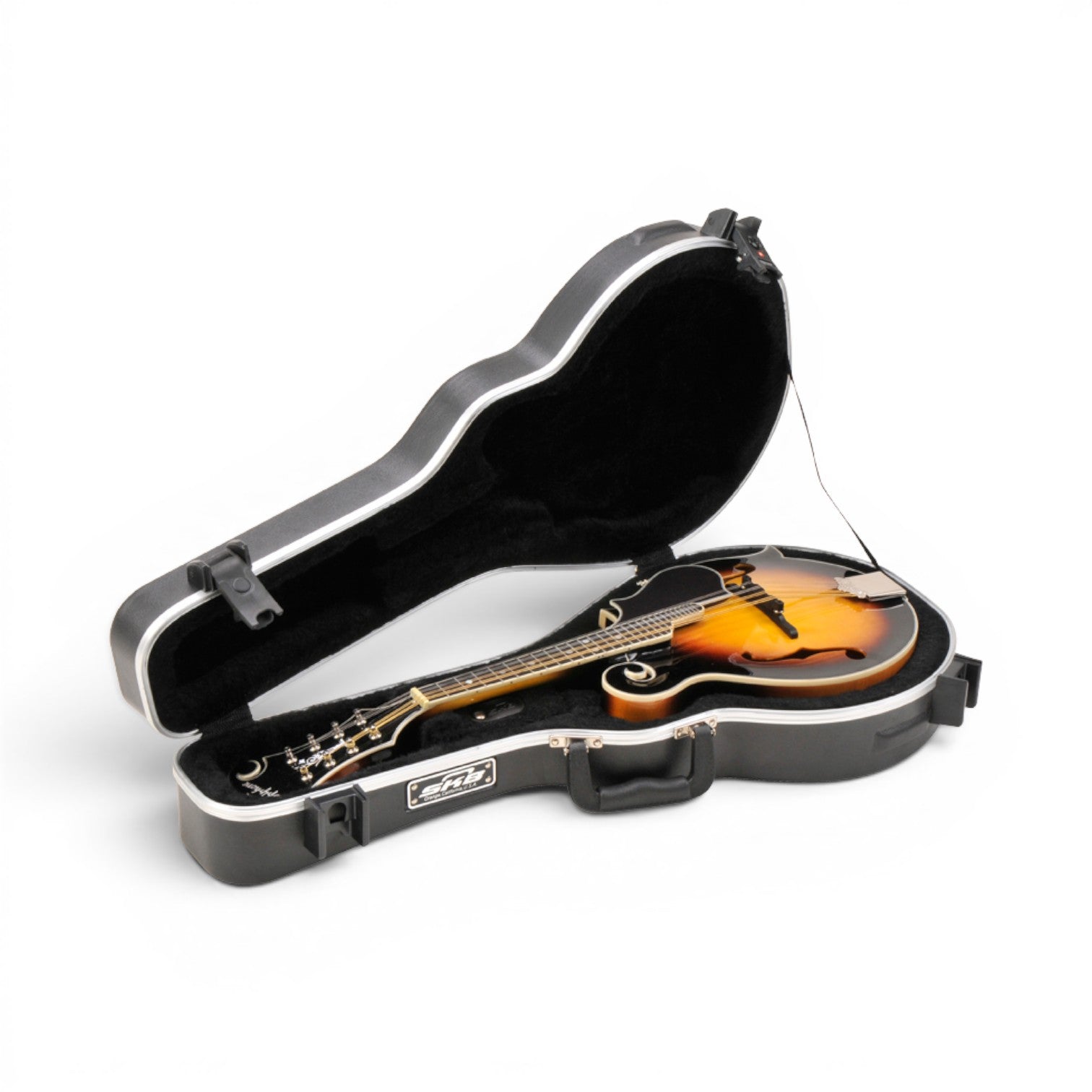 SKB Cases F-style mandolin hard case with black ABS exterior, plush interior lining, and TSA-approved locking latches.