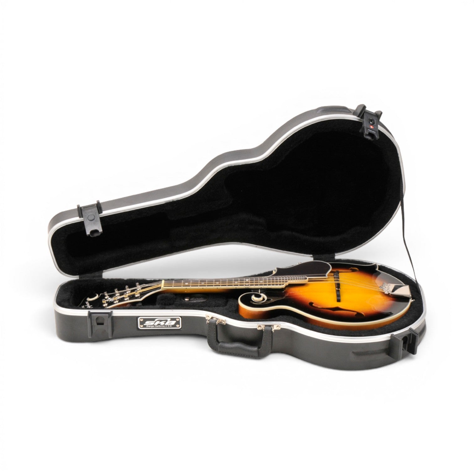 SKB Cases F-style mandolin hard case with black ABS exterior, plush interior, and TSA-approved locking latches.