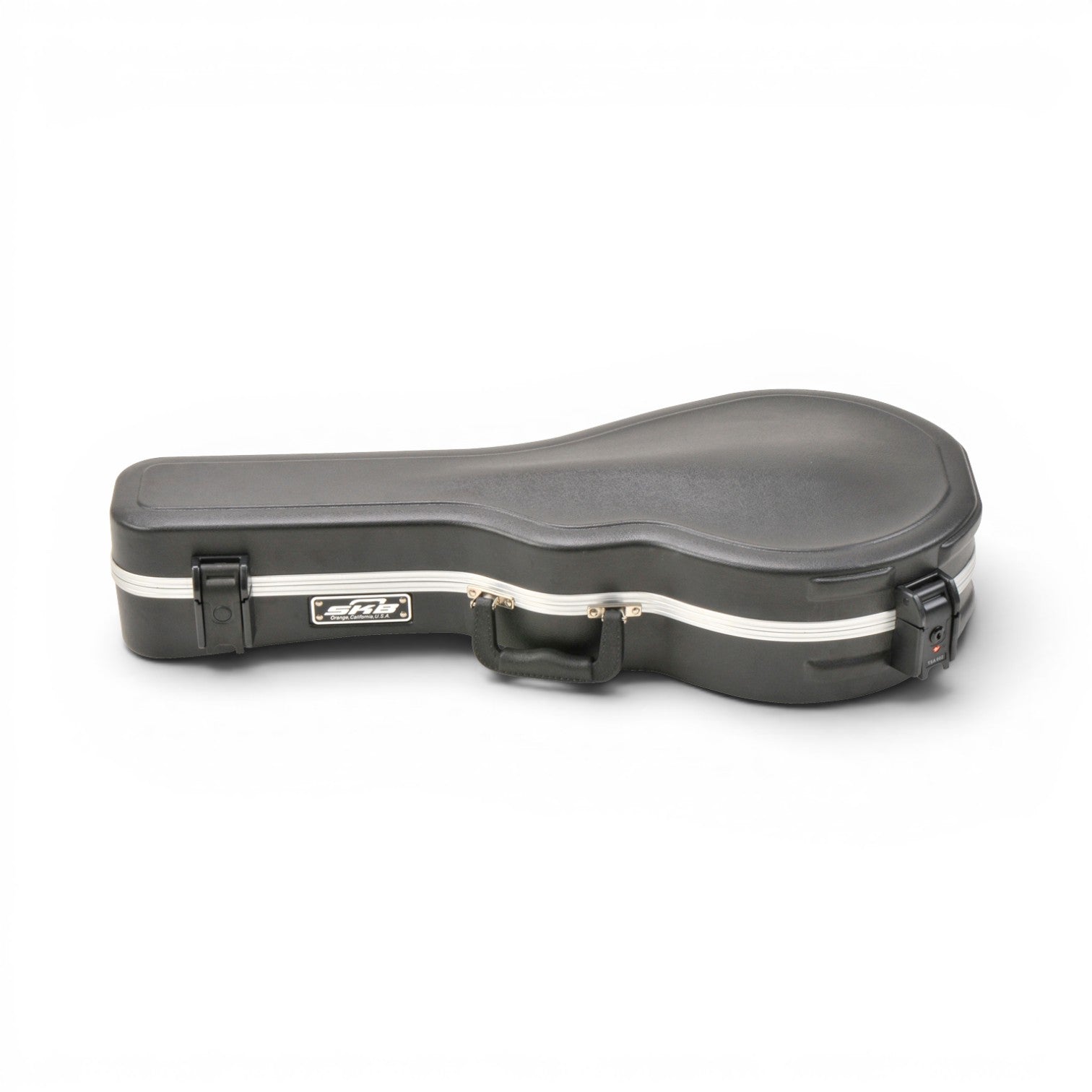 SKB Cases F-style mandolin hard case in black ABS plastic with TSA-approved locking latches and side handle.