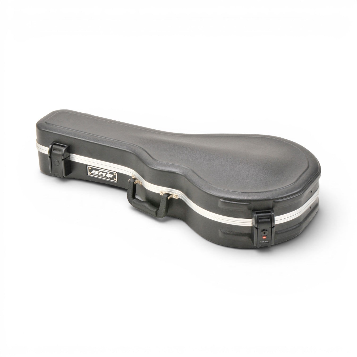 SKB Cases F-style mandolin hard case in black ABS plastic with TSA-approved locking latches.