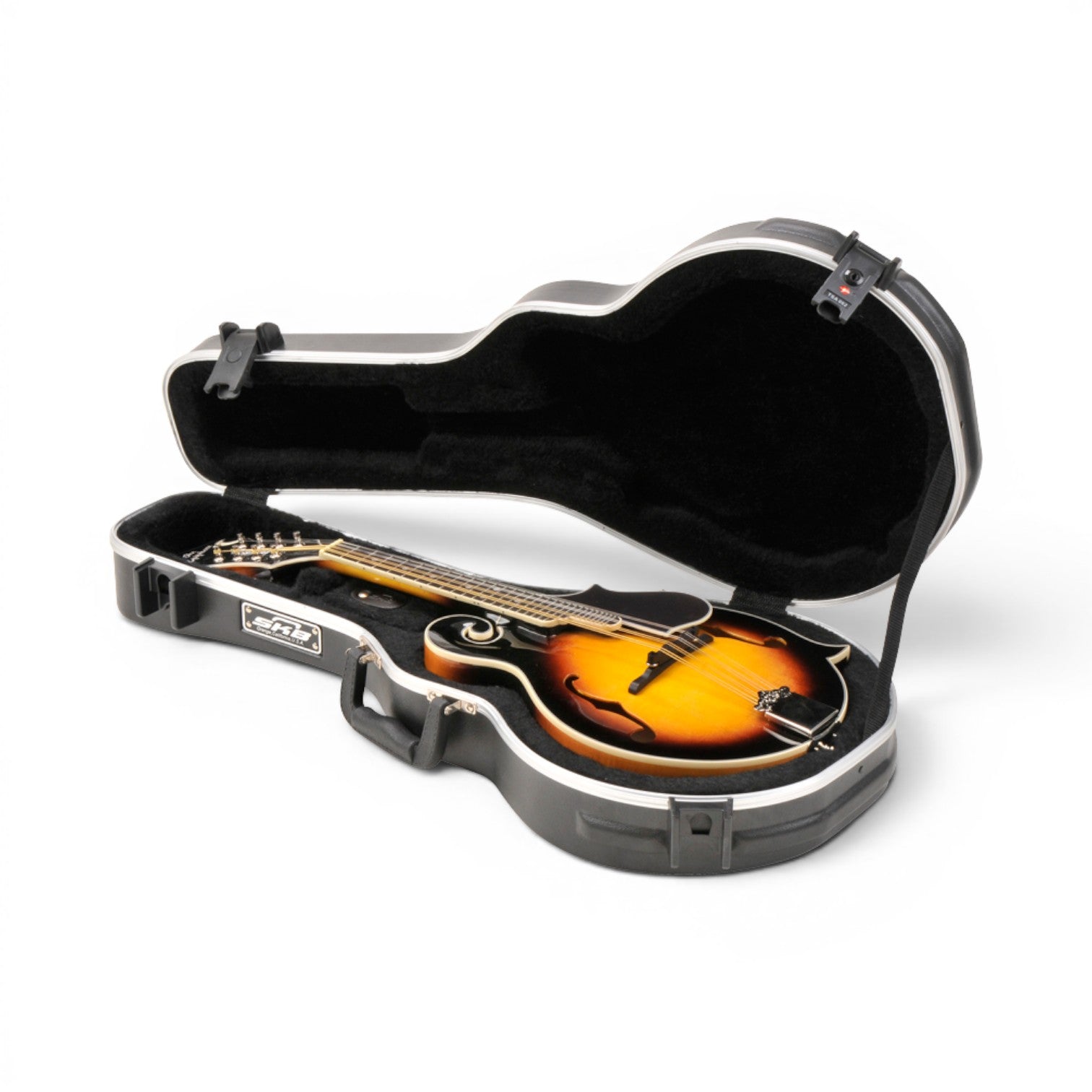 SKB Cases F-style mandolin hard case with black ABS plastic exterior and plush interior, featuring TSA locking latches.