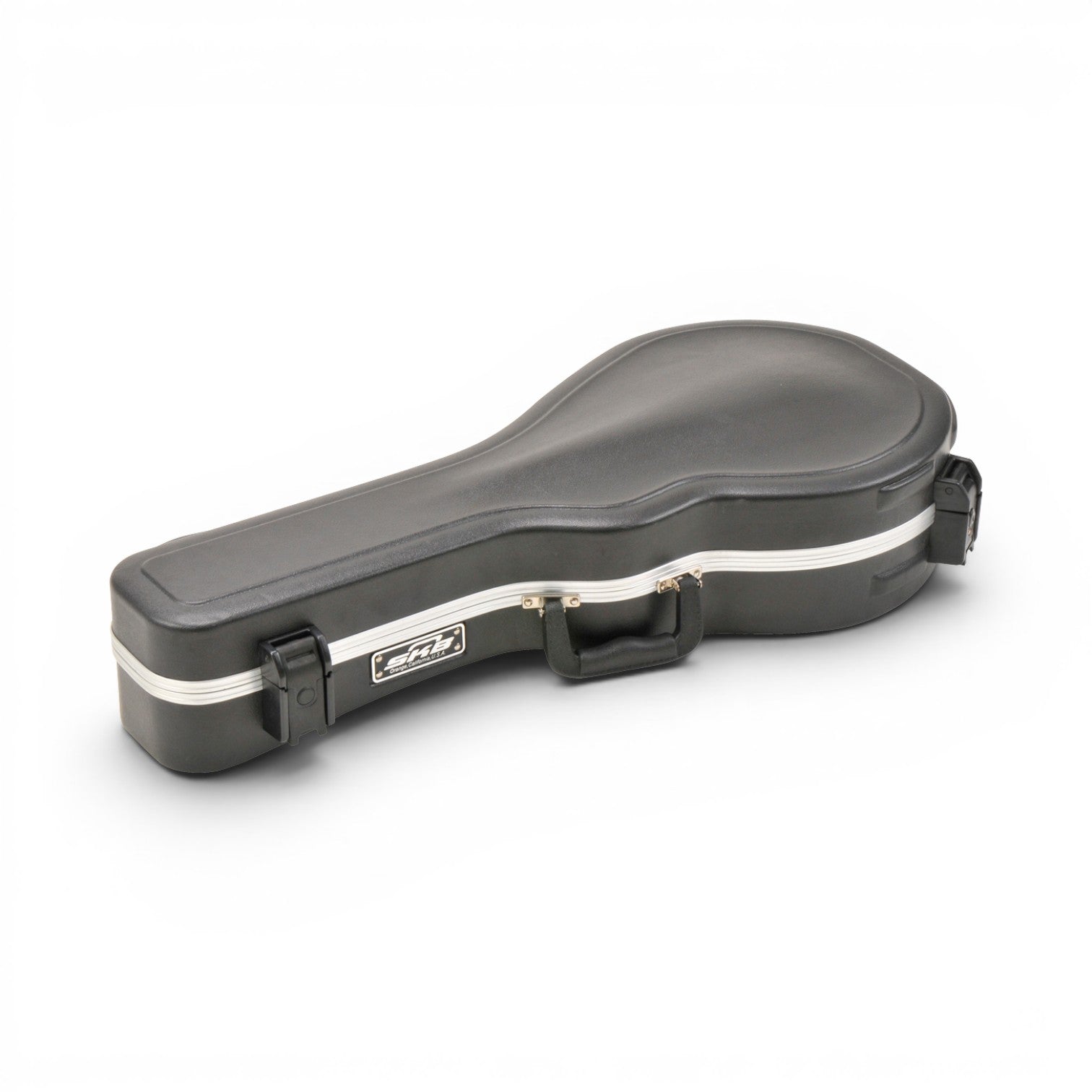 SKB Cases F-style mandolin hard case in black ABS plastic with TSA-approved locking latches and side handle.