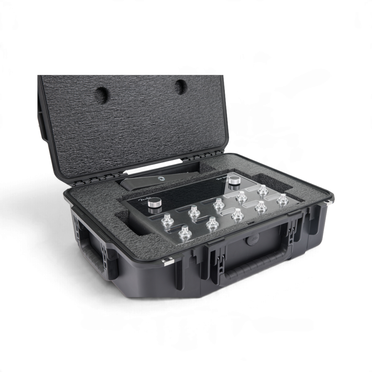 SKB Cases iSeries hard shell case with custom foam interior holding a Fender Tone Master Pro guitar workstation