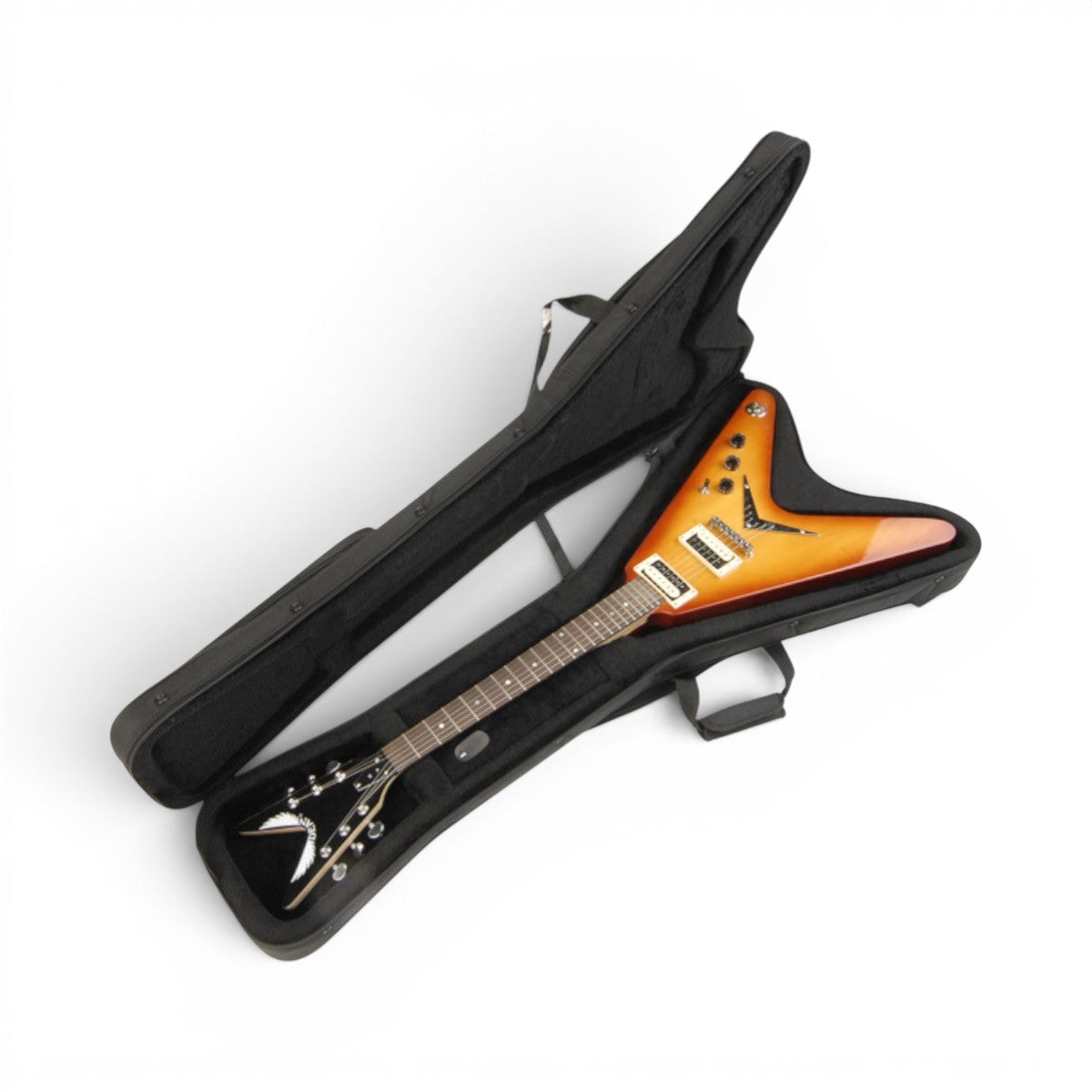 SKB Cases Flying V guitar soft case with black ballistic nylon exterior and plush-lined rigid foam interior.