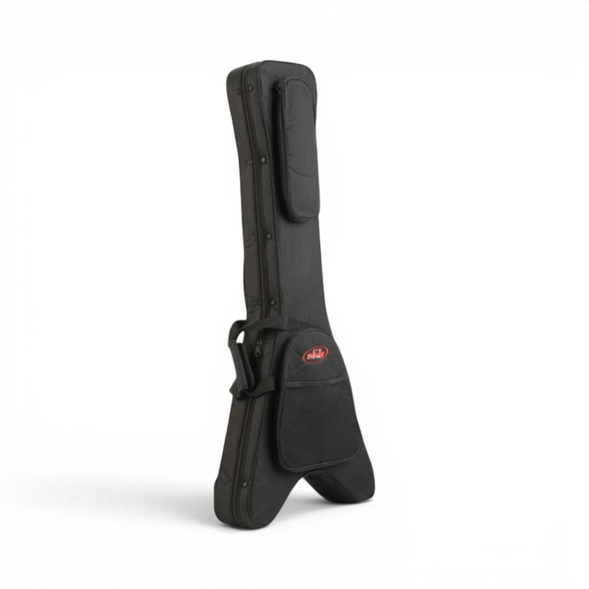 SKB Cases Flying V guitar soft case in black ballistic nylon with zippered accessory pouches and backpack straps.