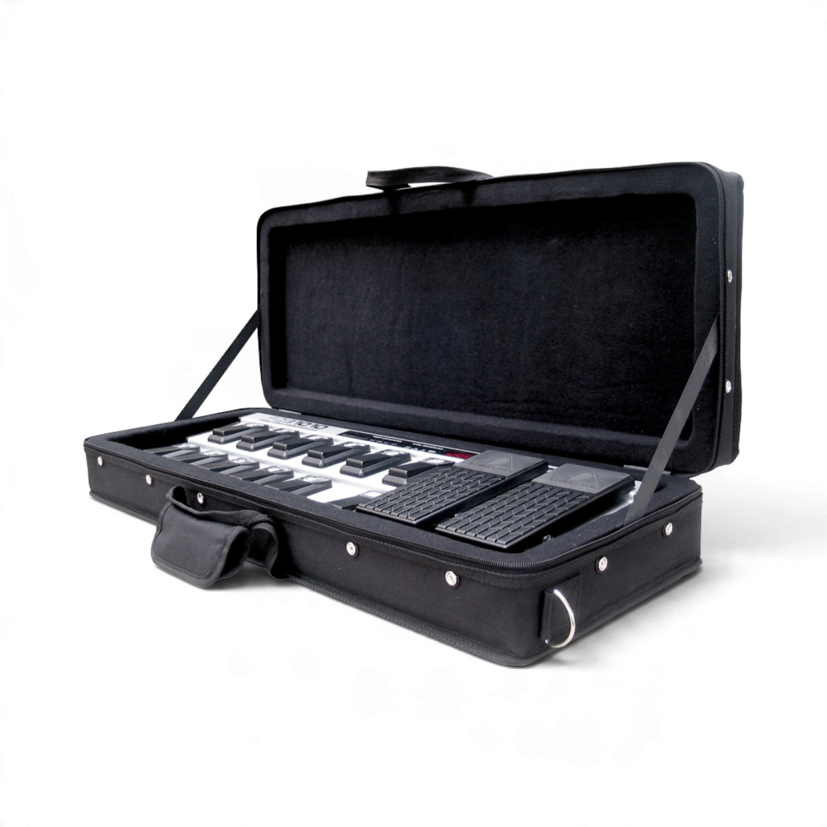 SKB Cases foot controller soft case with padded interior holding a MIDI pedalboard in a black canvas bag