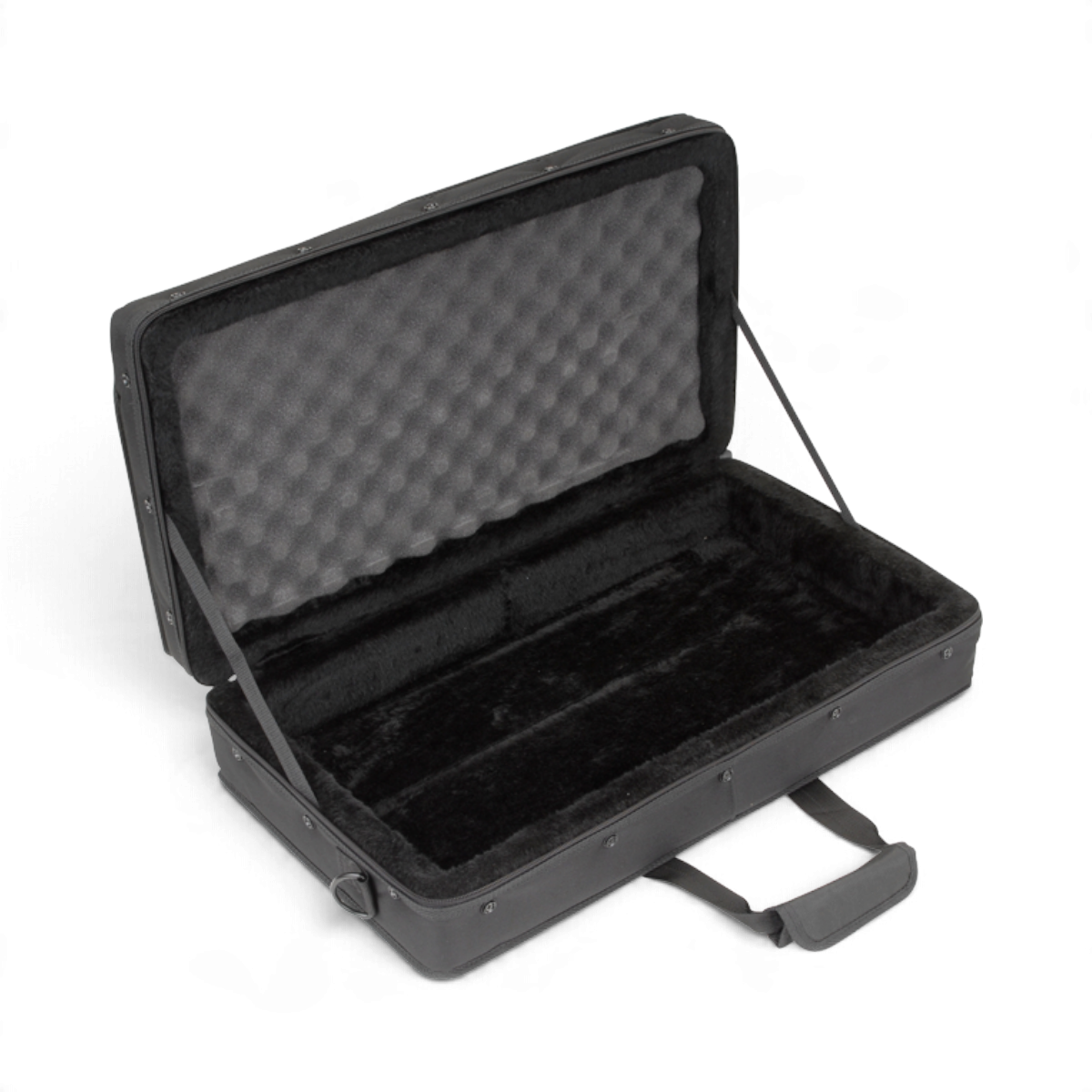SKB Cases foot controller soft case with black canvas exterior, plush interior, and removable convoluted foam lid.