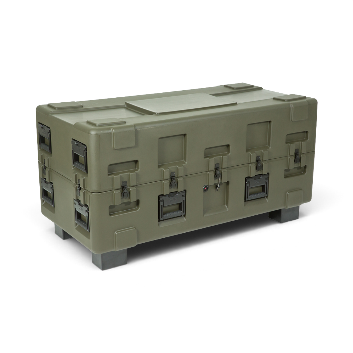 SKB Cases 3R Series olive green equipment case with installed forklift riser kit for pallet jack access