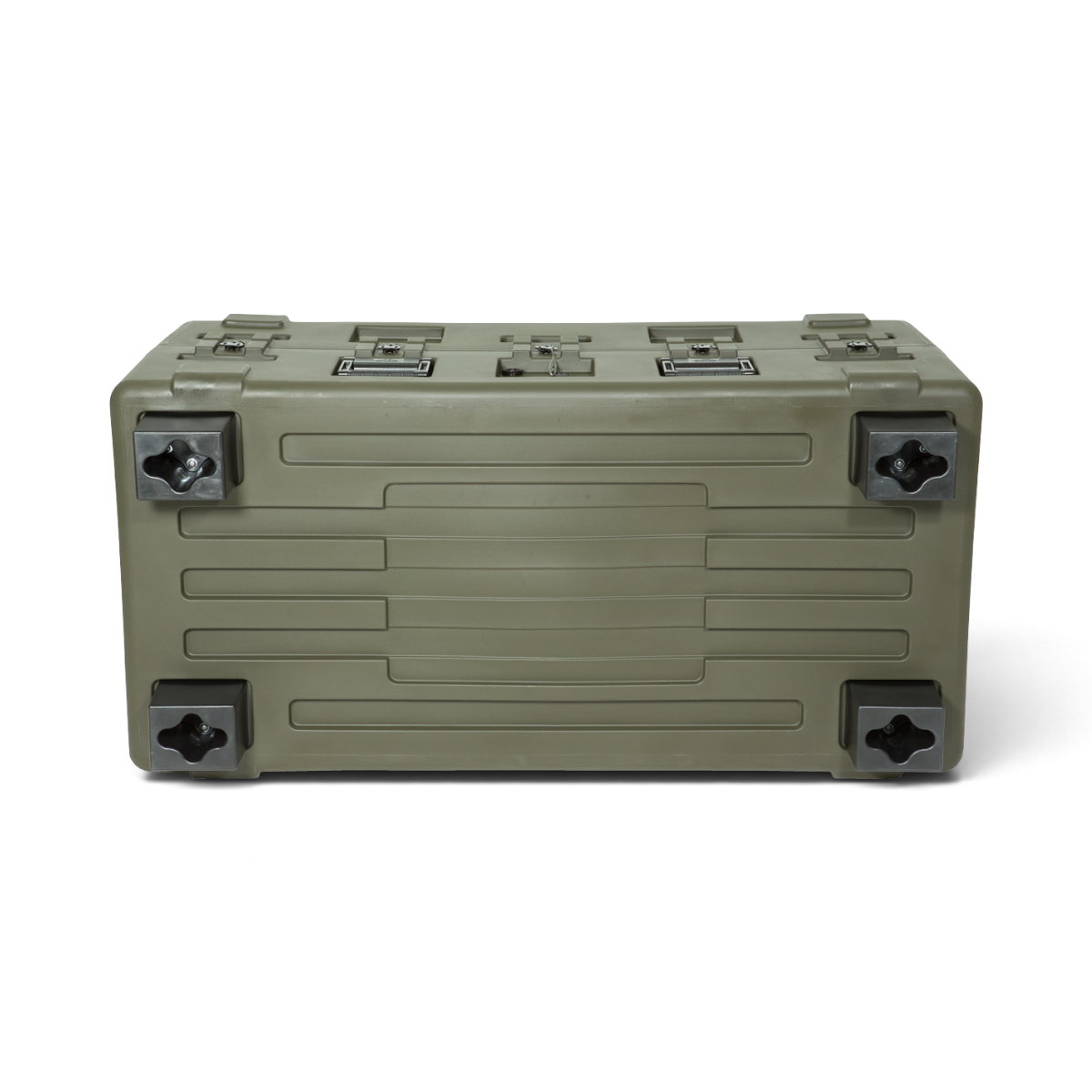 SKB Cases 3R Forklift Riser Kit installed on an olive green protective case for forklift and pallet jack access