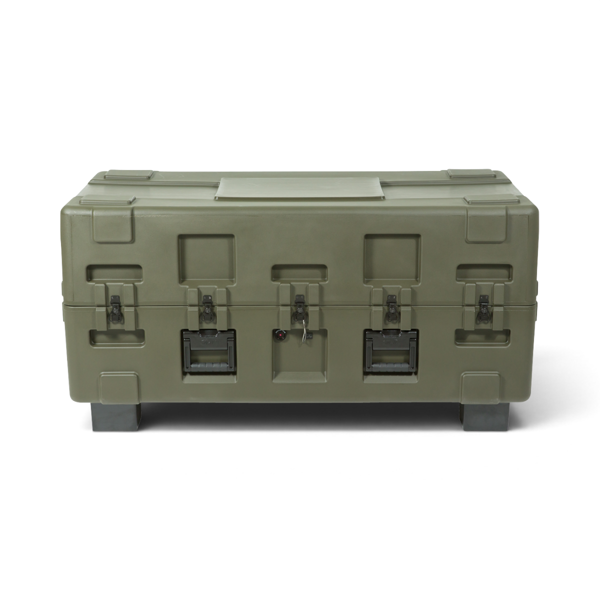 SKB Cases 3R forklift riser kit installed on an olive green hard case for pallet jack clearance