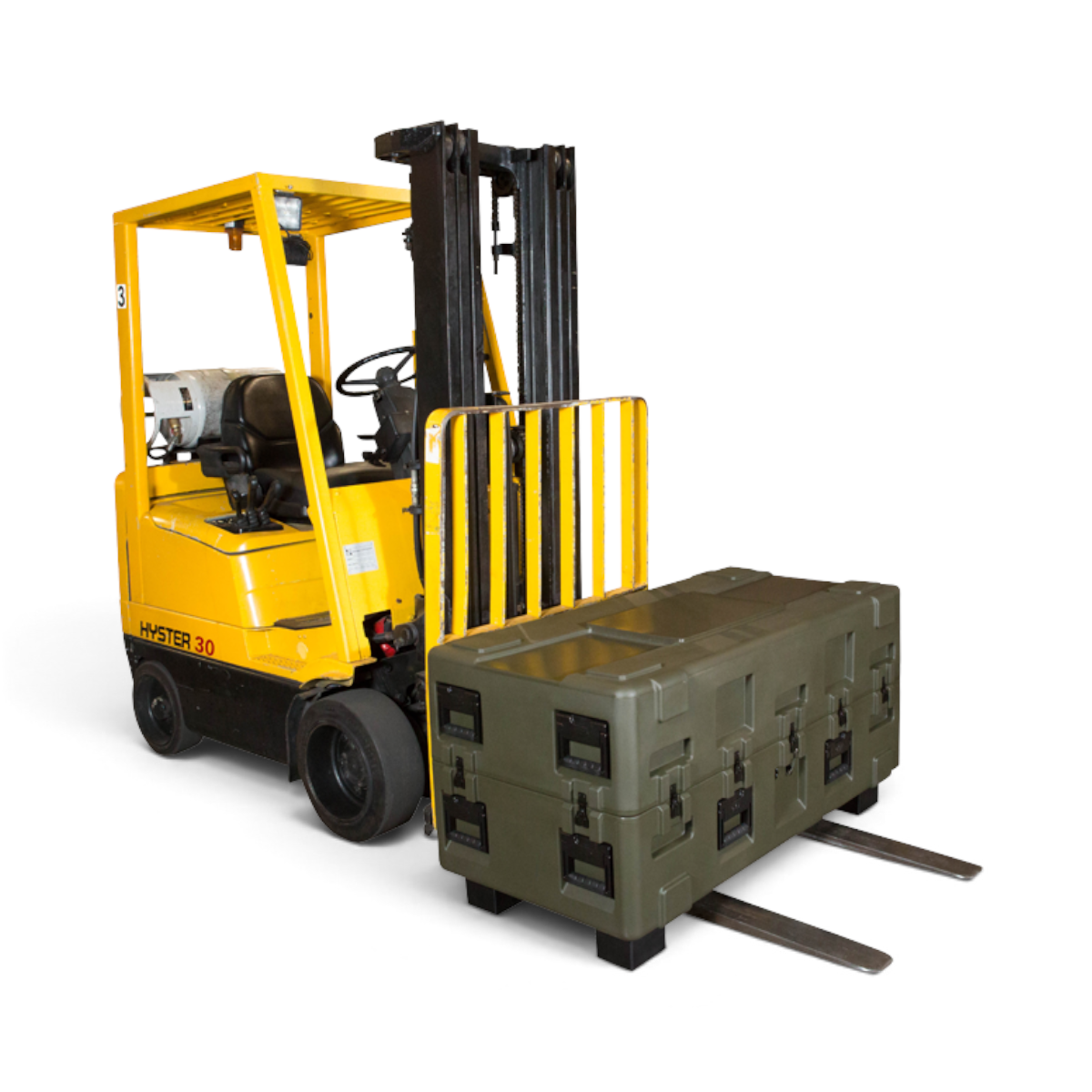 SKB Cases 3R Forklift Riser Kit installed on a large olive drab equipment case being lifted by a yellow forklift.