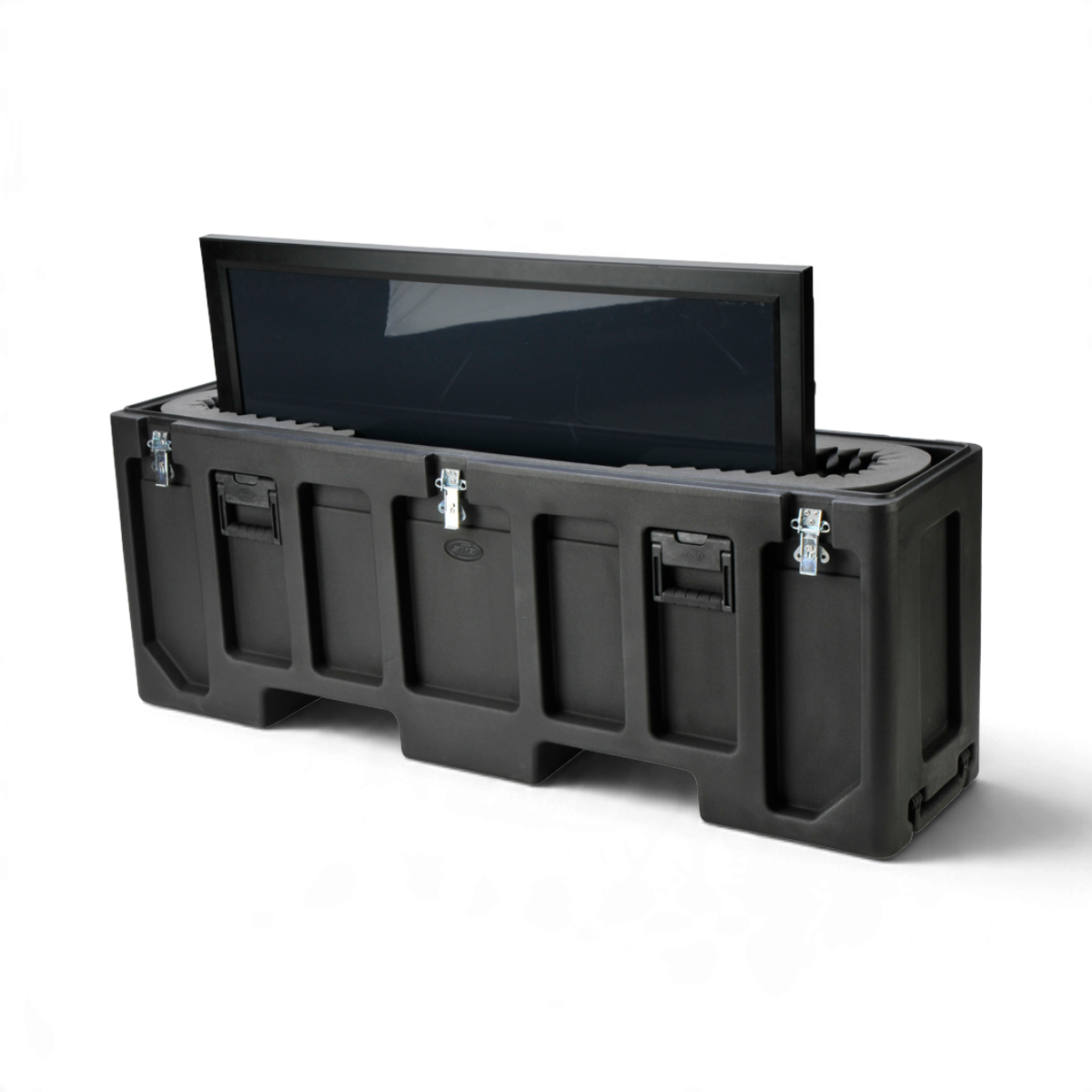 SKB Cases FP Series 5260 black rotationally molded polyethylene case holding a large LCD monitor with foam padding