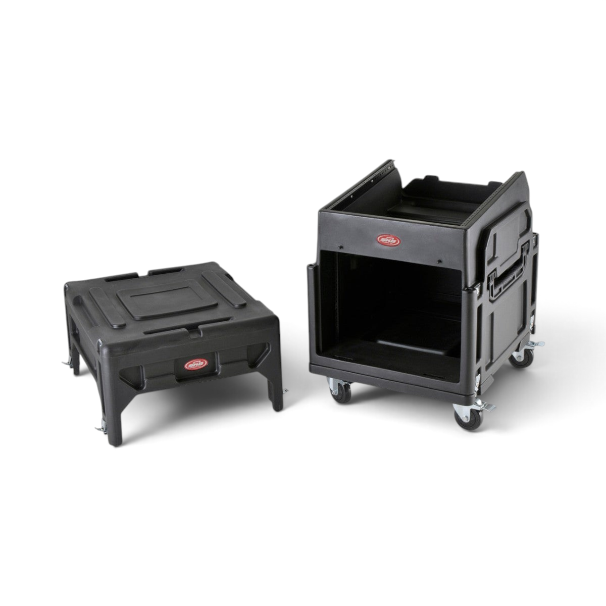 SKB Cases Gig Rig mixer rack case with durable black LLDPE construction, locking castors, and a detachable lid pedestal