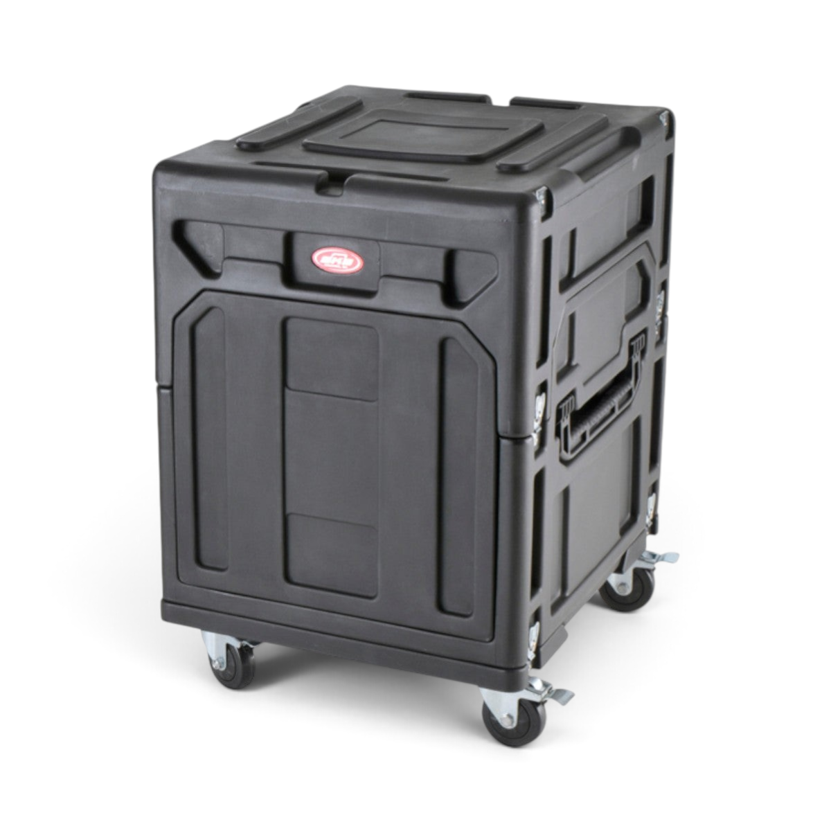 SKB Cases Gig Rig 4th Generation black roto-molded mixer and rack case with heavy-duty locking castors.