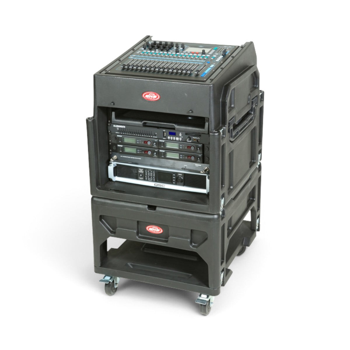 SKB Cases Gig Rig 4th Generation mixer and rack case with 12U angled top rails and 8U front rails on locking castors.