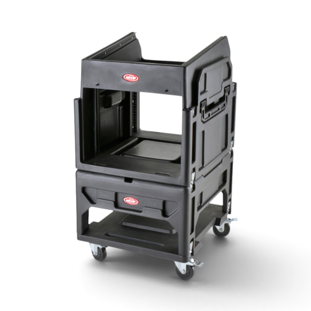 SKB Cases Gig Rig 12U mixer and 8U rack case with durable black LLDPE construction and heavy-duty locking castors.