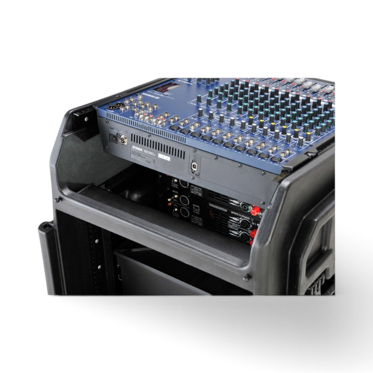 SKB Cases Gig Rig mixer rack case with mounted audio equipment and angled top rails for professional sound gear